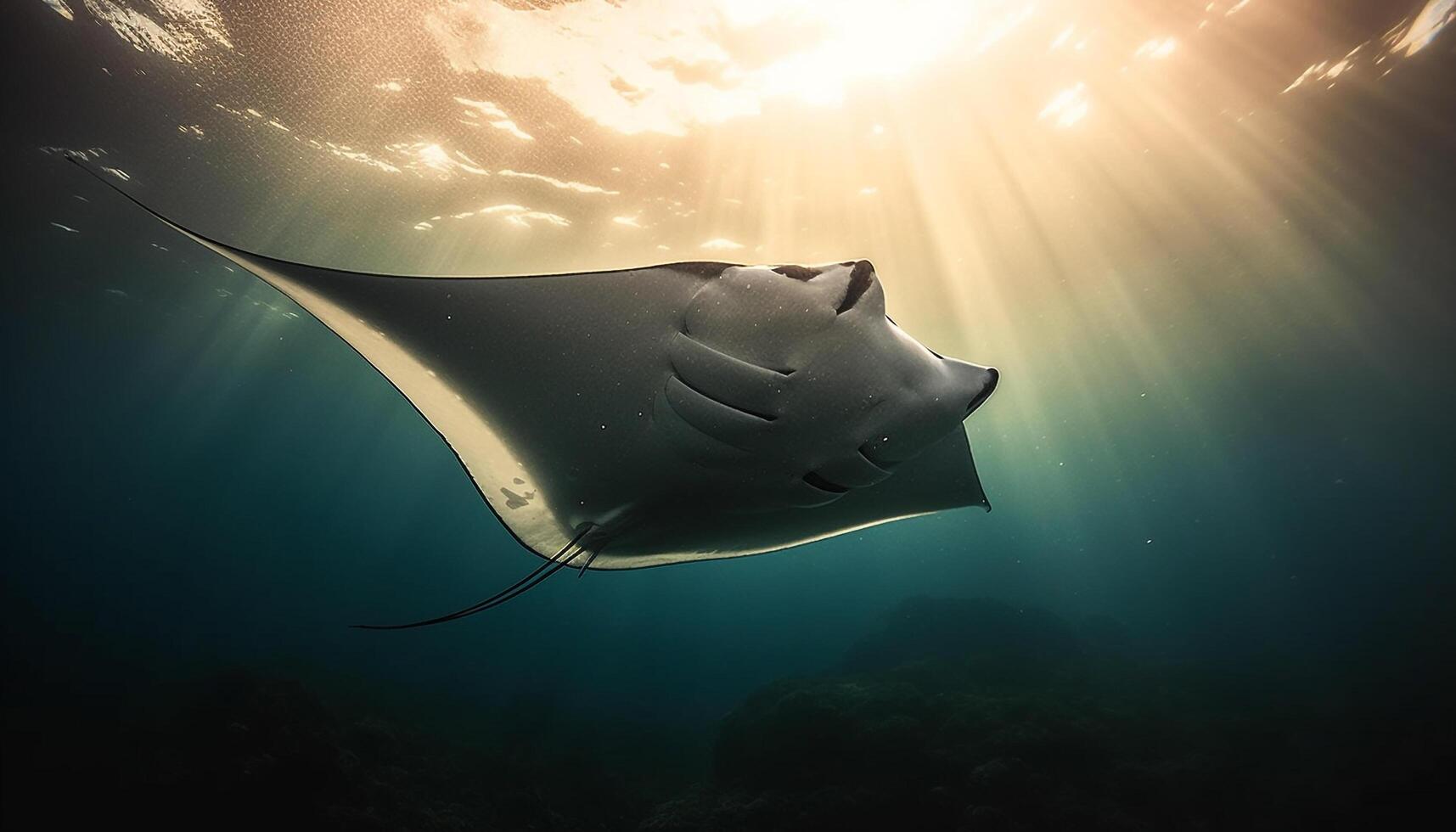 majestueus manta straal zwemt in ontzag inspirerend onderwater- zeegezicht gegenereerd door ai foto