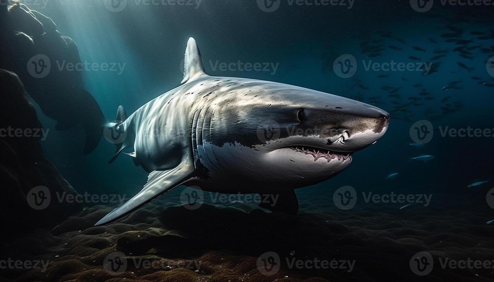 majestueus reusachtig zoogdier duiken in diep blauw tropisch zeegezicht gegenereerd door ai foto