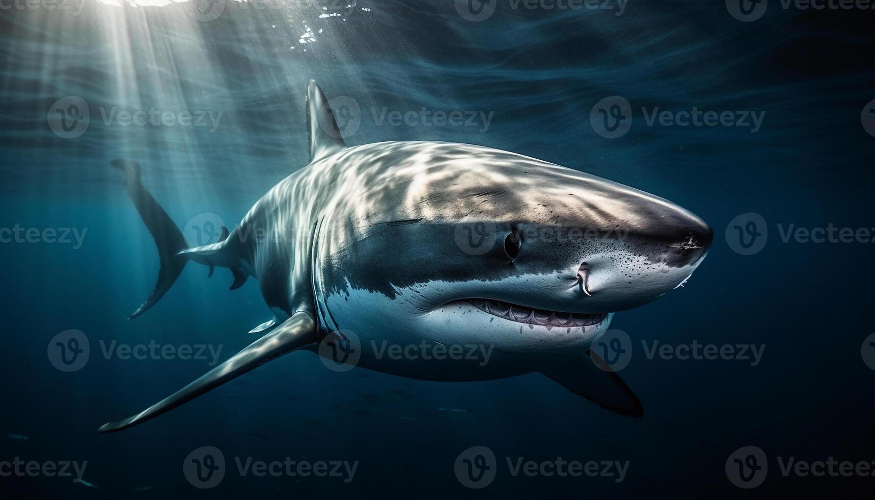 majestueus zoogdier zwemmen in diep blauw zout water rif, tanden ontbloot gegenereerd door ai foto