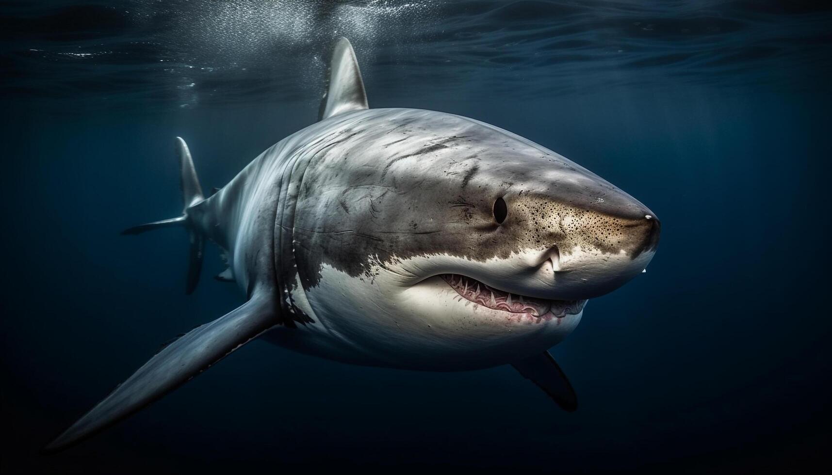 majestueus dolfijn zwemmen in diep blauw zout water, tanden ontbloot in ontzag gegenereerd door ai foto