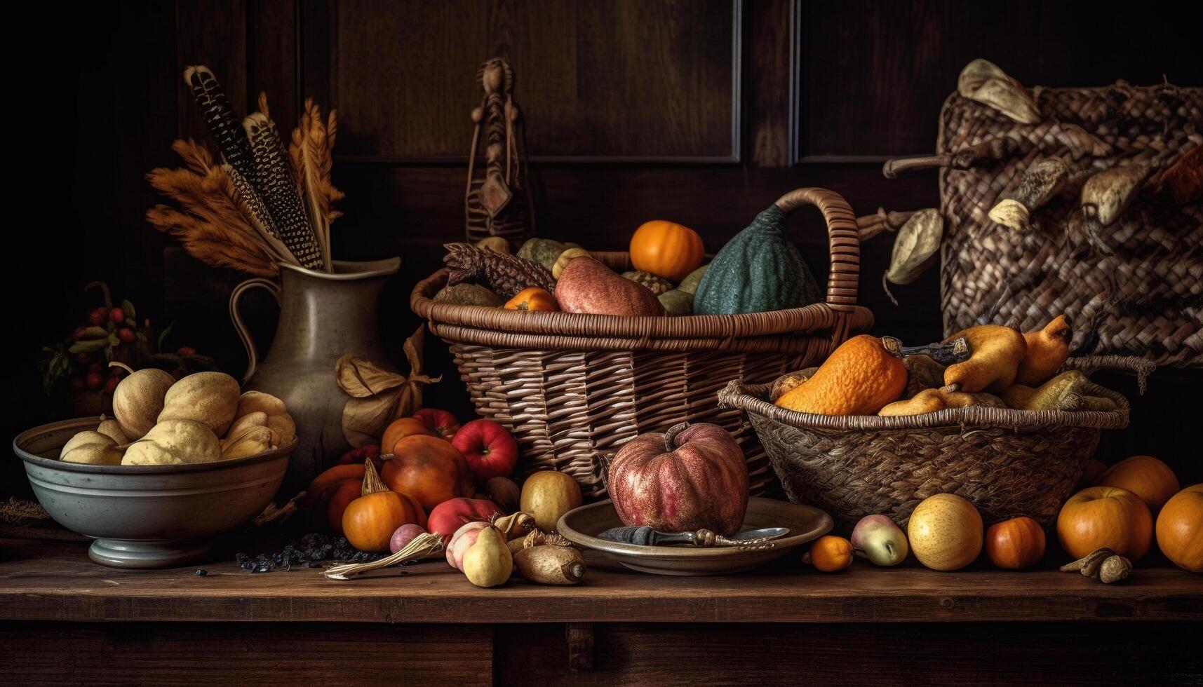 herfst oogst rustiek mand van biologisch kalebassen en pompoenen gegenereerd door ai foto