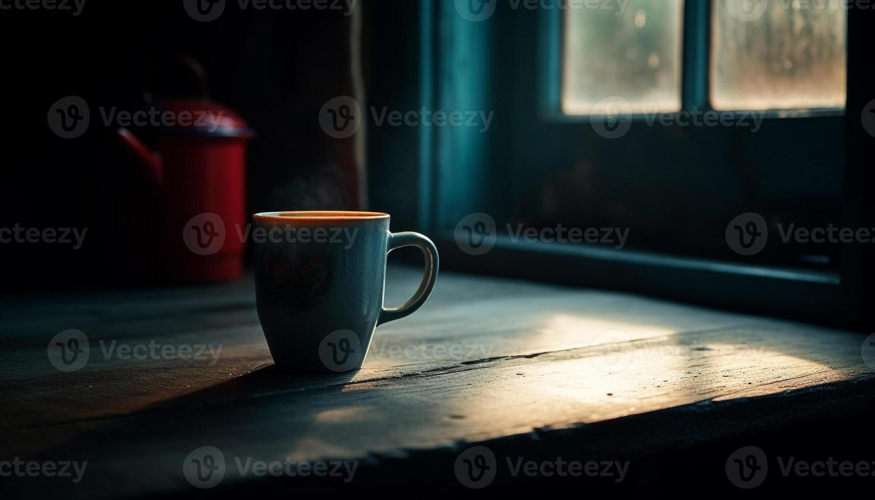 rustiek koffie kop Aan houten tafel, stoom- stijgende lijn, venster achtergrond gegenereerd door ai foto