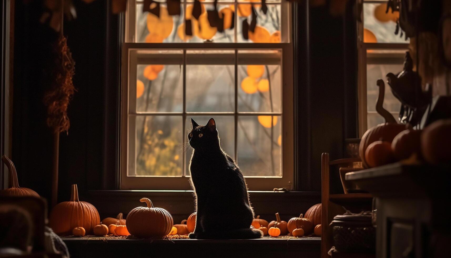 schattig katje zittend Aan tafel, op zoek uit venster Bij spookachtig herfst nacht gegenereerd door ai foto