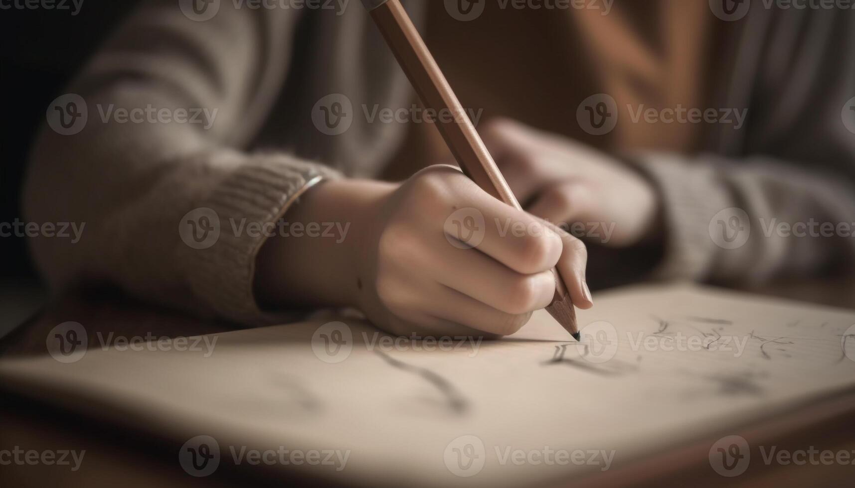 Kaukasisch leerling werken Aan papier, Holding potlood, aan het leren creativiteit generatief ai foto