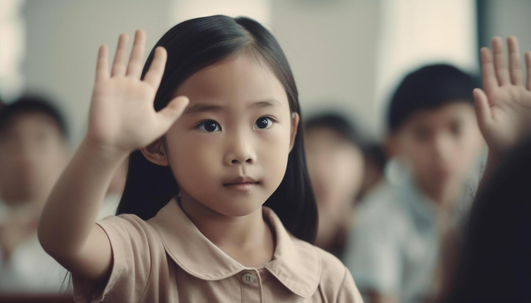 glimlachen school- kinderen aan het leren in klas, focus Aan voorgrond generatief ai foto