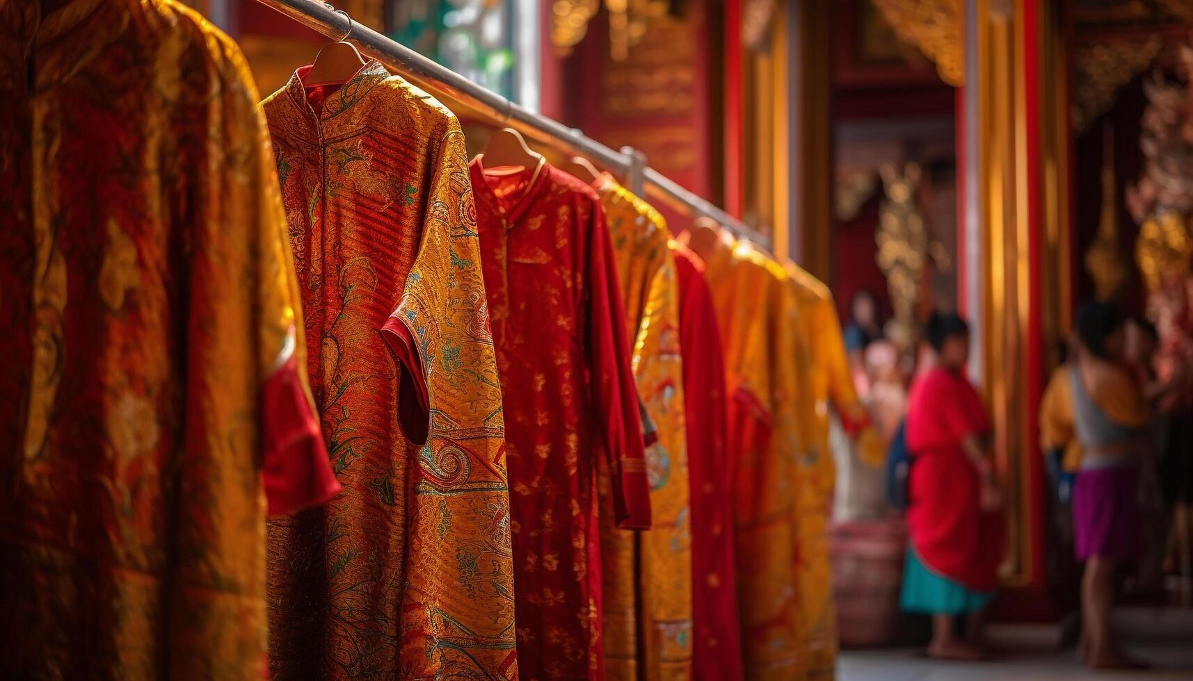multi gekleurde kledingstukken hangen elegant in traditioneel kleding winkel binnenshuis gegenereerd door ai foto