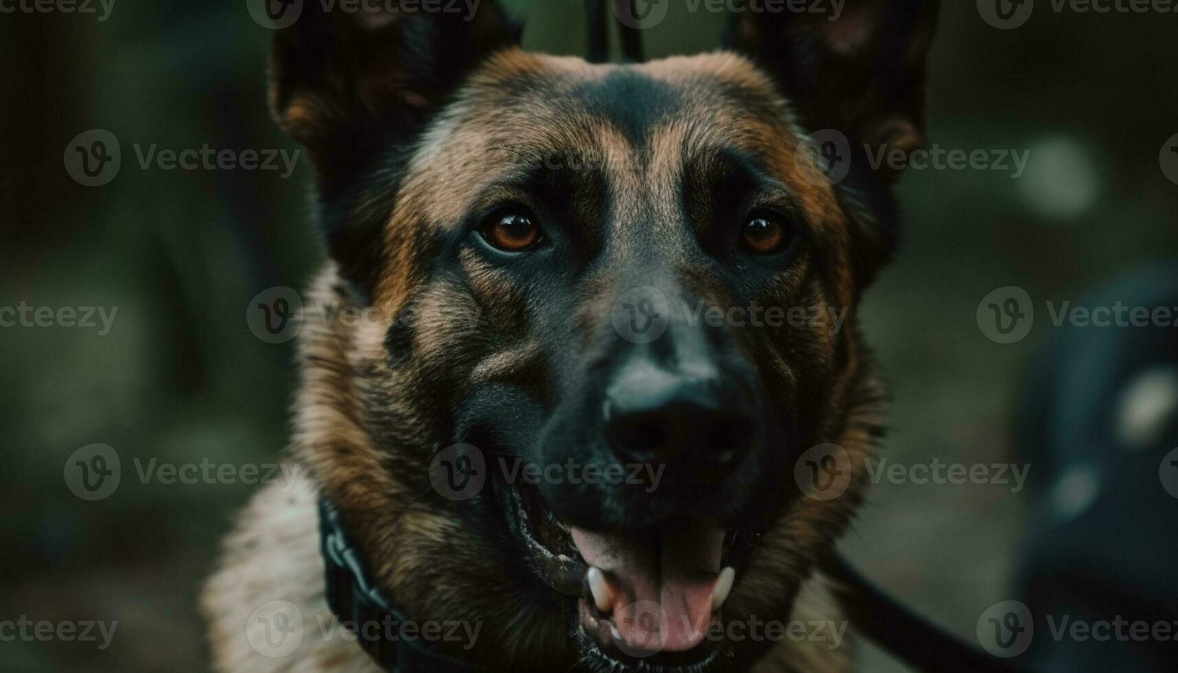 rasecht hoektand veiligheid bewaker zittend Aan gras, op zoek Bij camera gegenereerd door ai foto