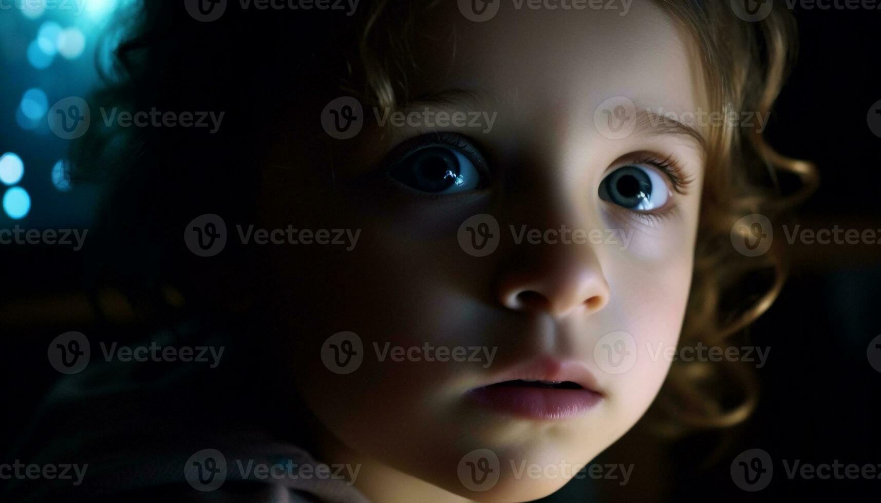 onschuldig baby jongen staren omhoog, blauw ogen vol van nieuwsgierigheid gegenereerd door ai foto