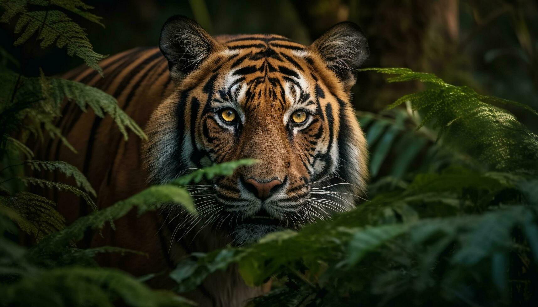 majestueus Bengalen tijger staren, schuilplaats in donker wildernis Oppervlakte gegenereerd door ai foto