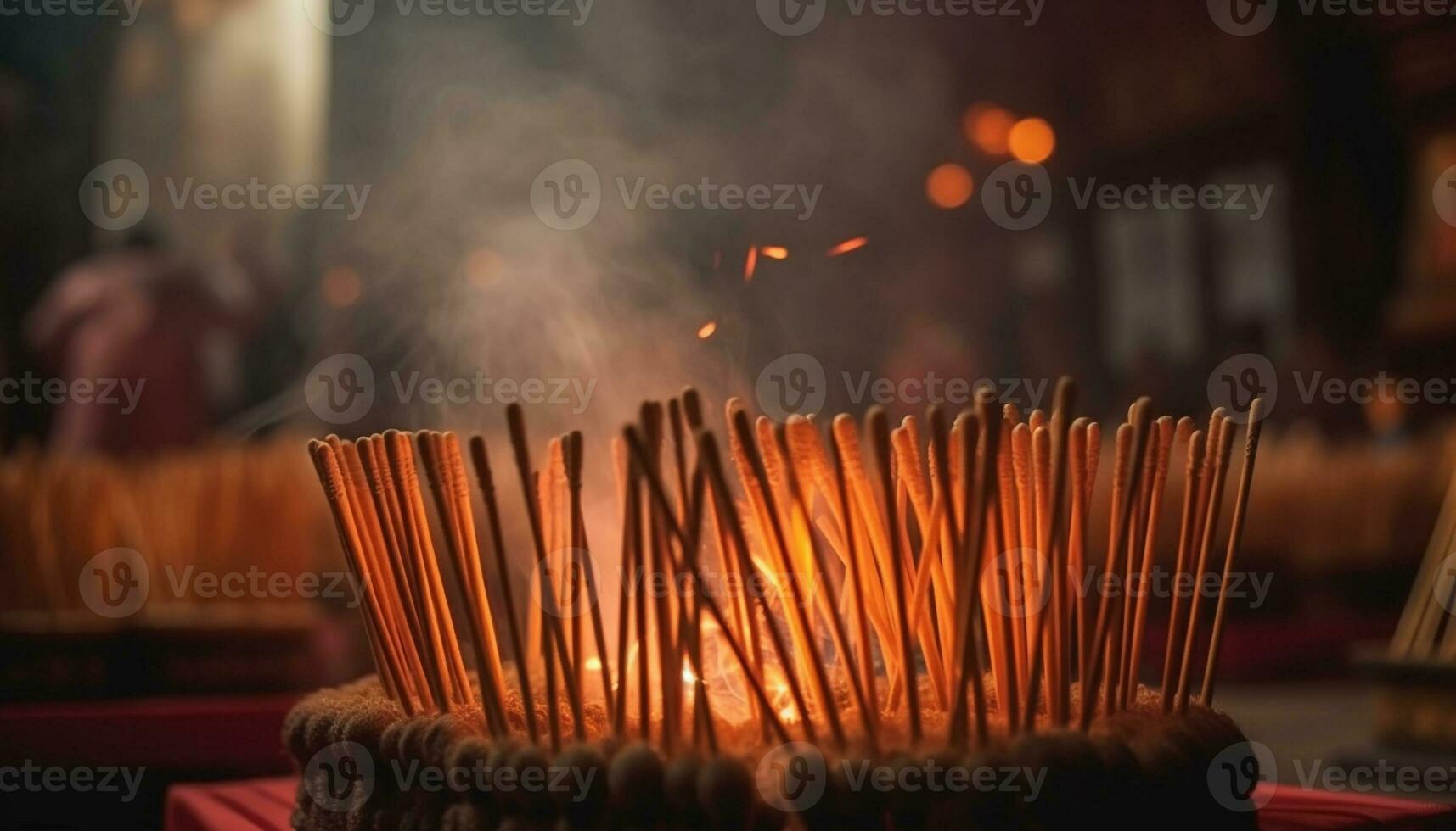 gloeiend wierook stok ontsteken in een rij van religieus aanbiedingen gegenereerd door ai foto