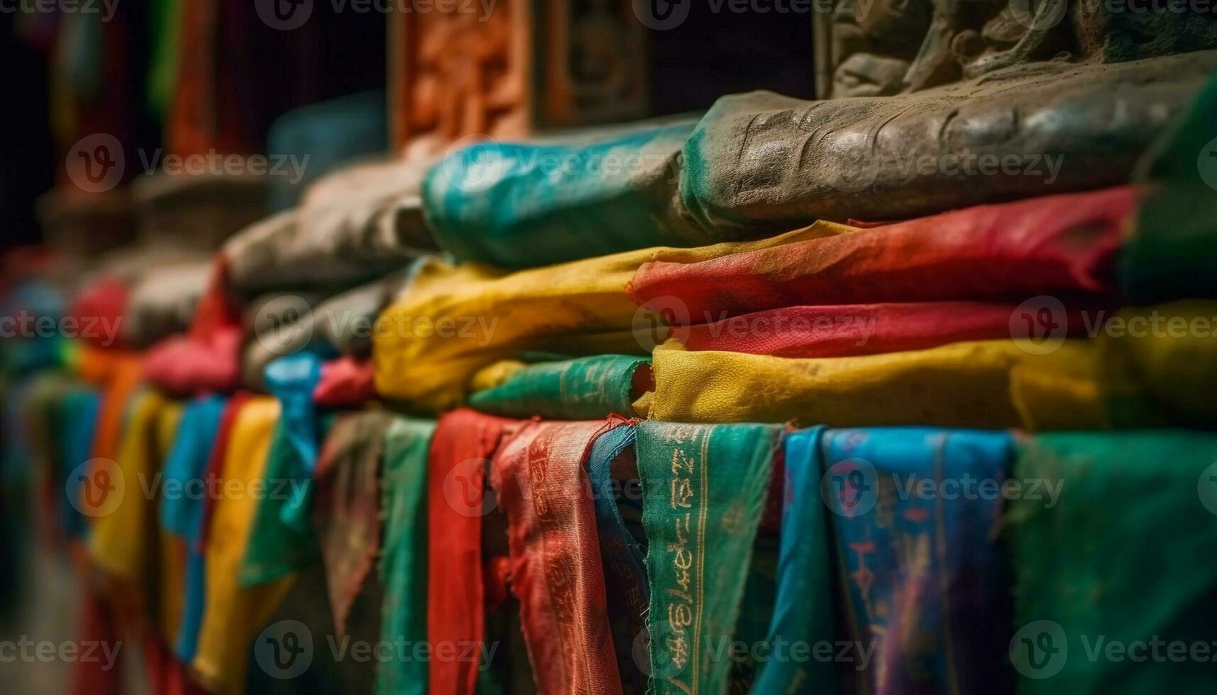 levendig textiel in een rij, presentatie van culturen en industrie gegenereerd door ai foto