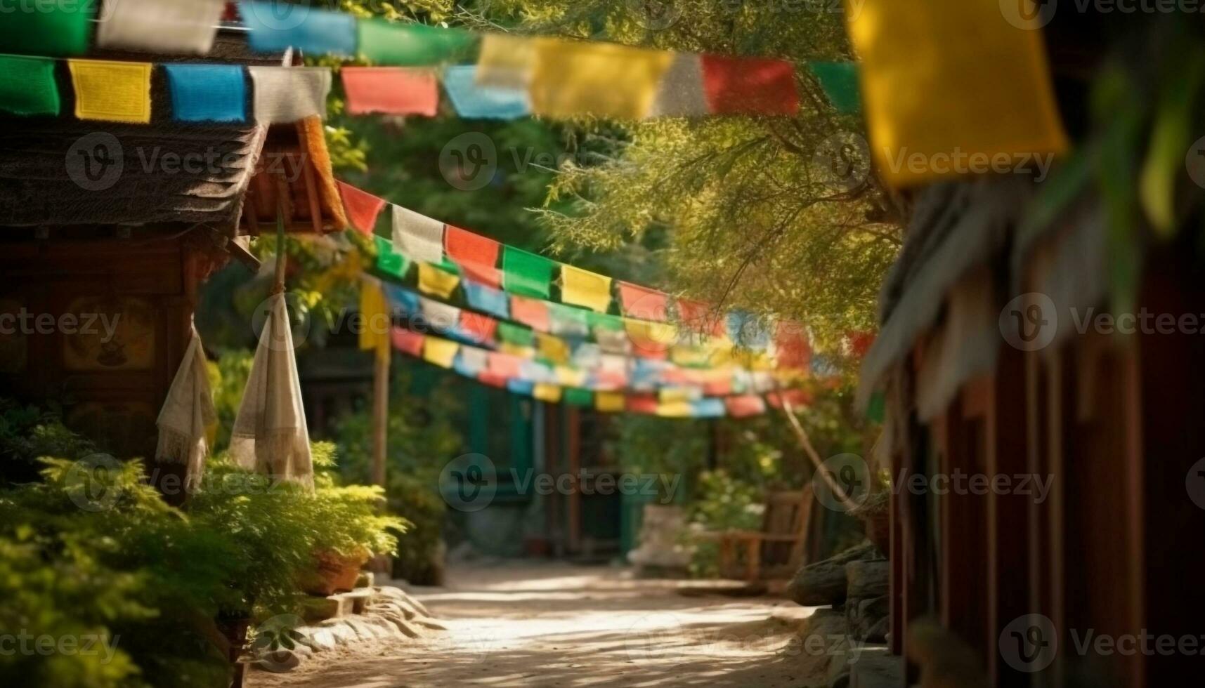 multi gekleurde gebed vlaggen sieren oude Tibetaans pagode, symbool van geestelijkheid gegenereerd door ai foto