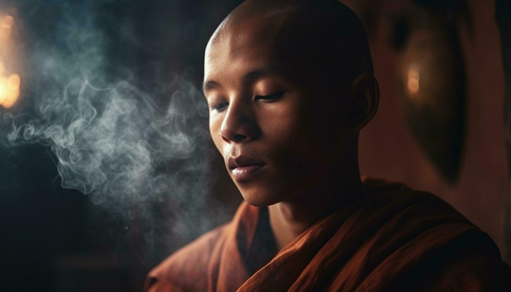 jong mannen mediteren binnenshuis, concentreren Aan de vlam schoonheid gegenereerd door ai foto