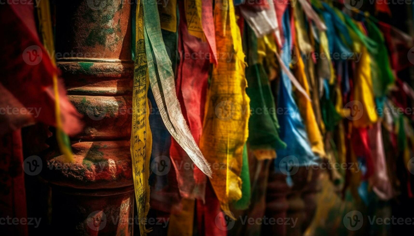 levendig kleuren van textiel hangen in rijen, vieren inheems culturen gegenereerd door ai foto