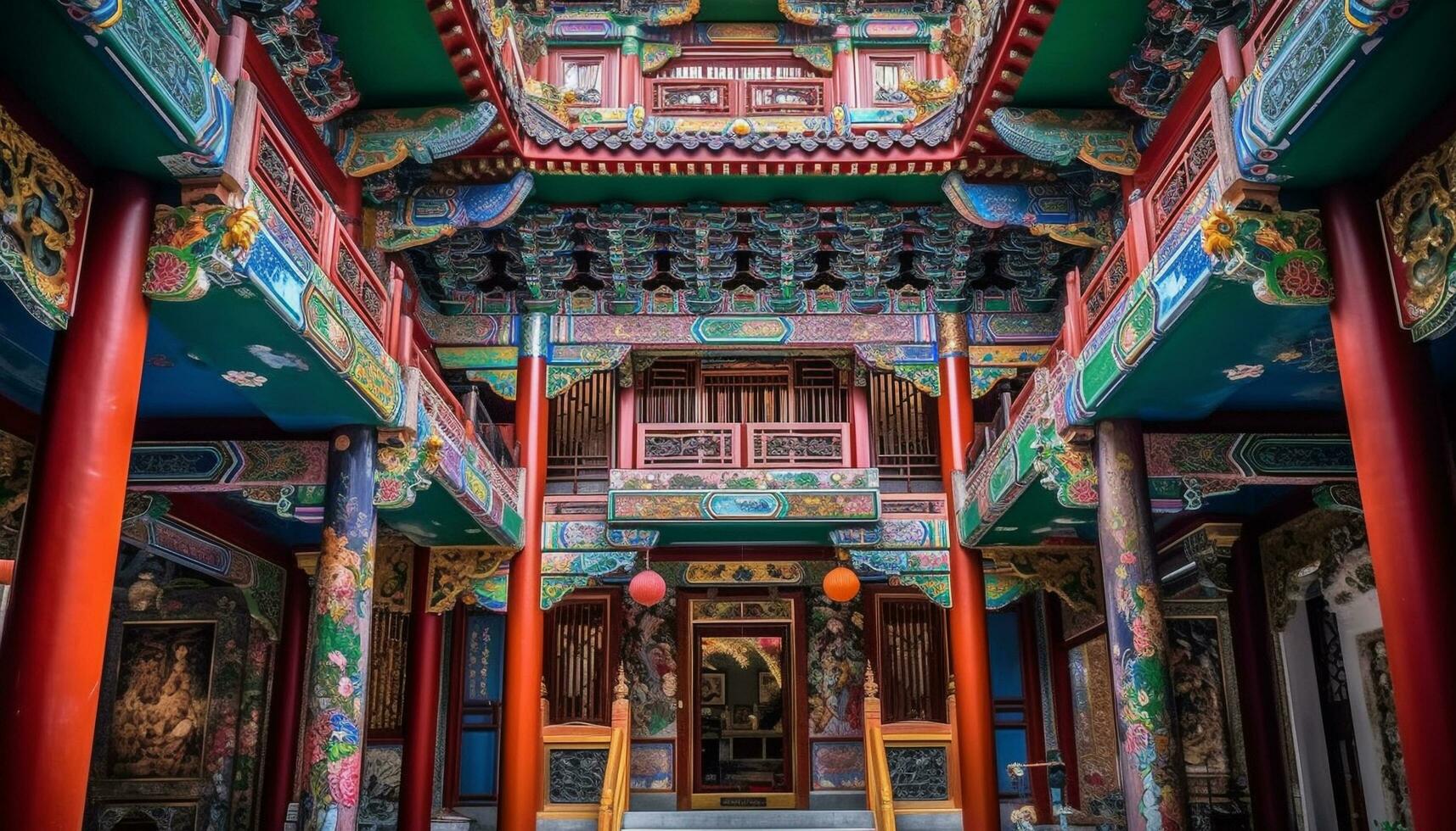 multi gekleurde lantaarns sieren Beijing beroemd pagodes, een geestelijk reis wacht gegenereerd door ai foto