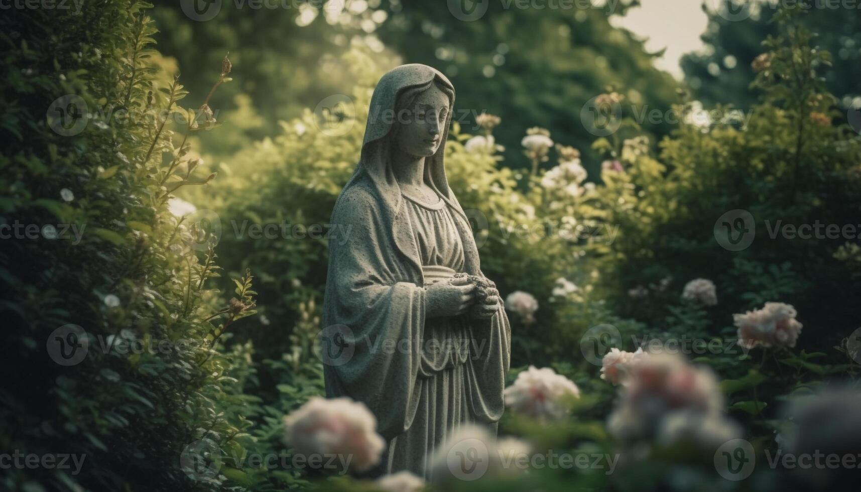 zonsondergang verlicht rustig standbeeld van moeder mediteren in formeel tuin gegenereerd door ai foto