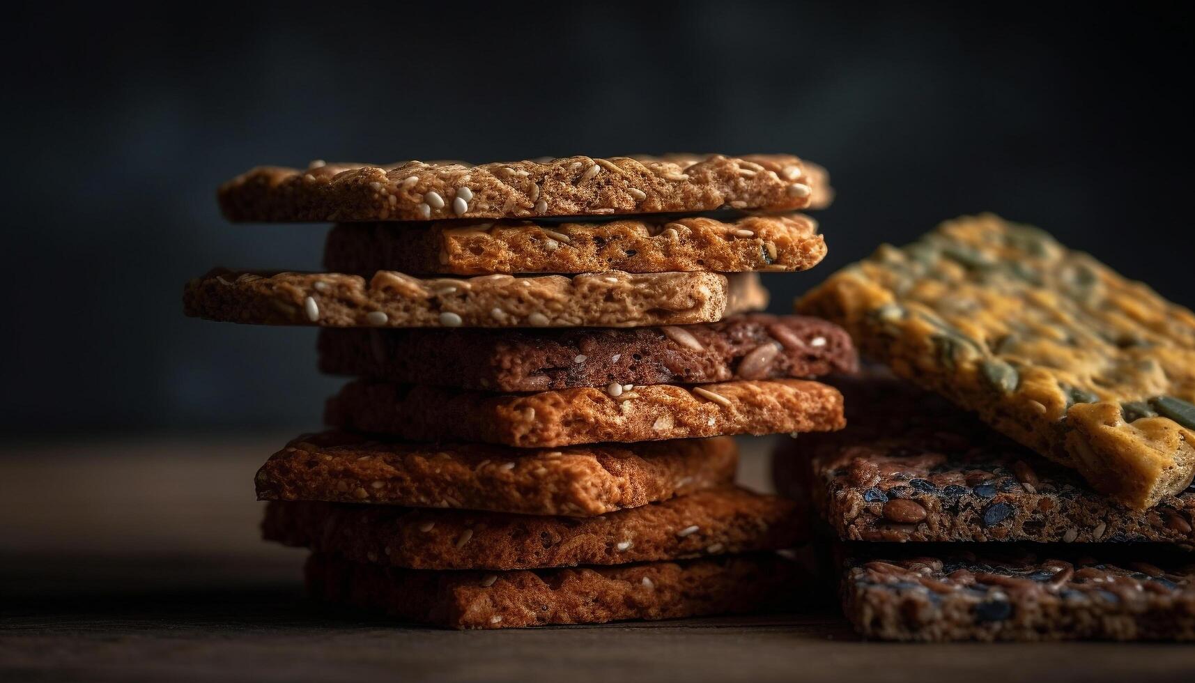 donker chocola koekje stapel, een zoet toegeeflijkheid Aan rustiek tafel gegenereerd door ai foto