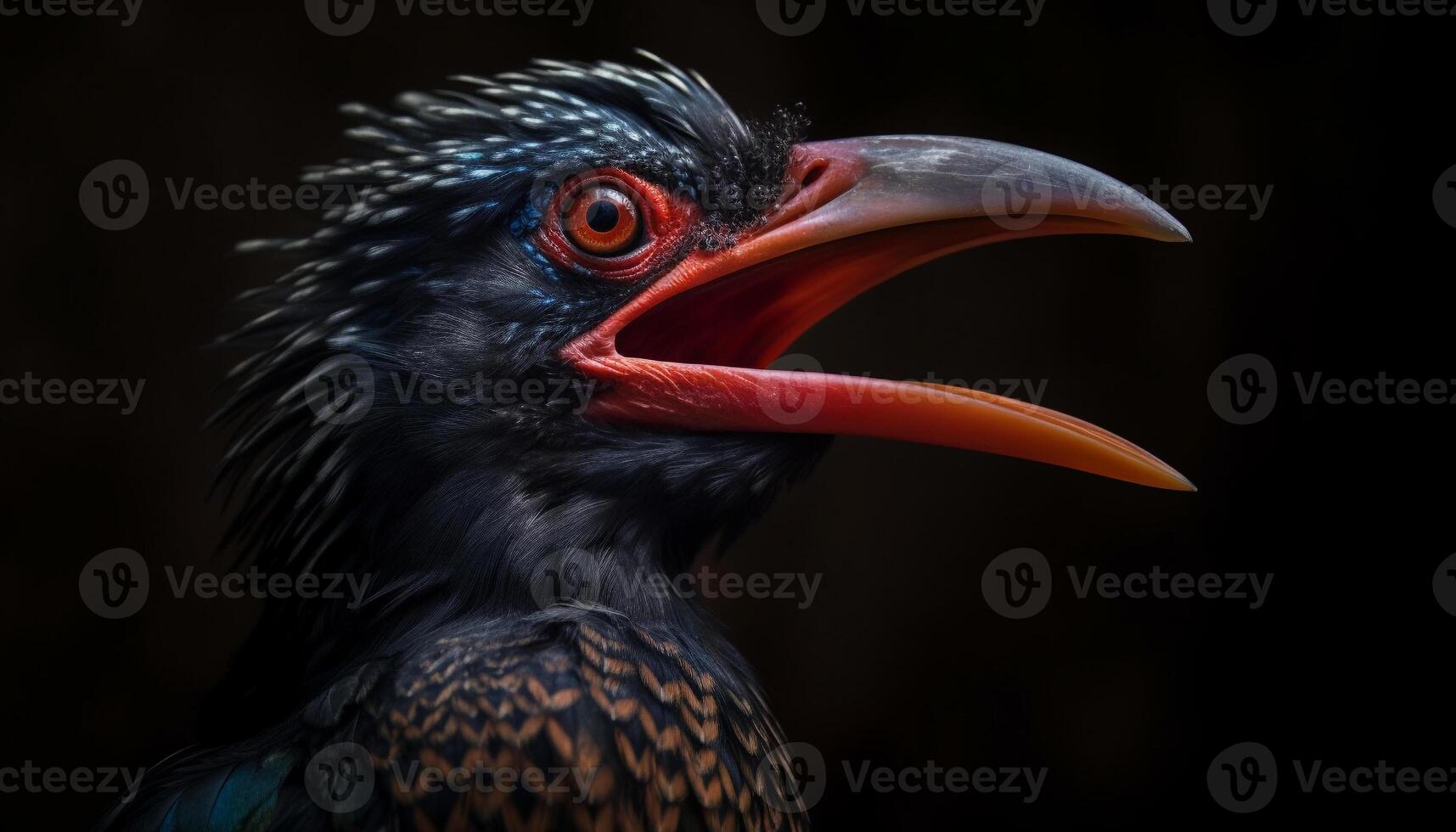 majestueus grond neushoornvogel, in natuur, op zoek weg gegenereerd door ai foto