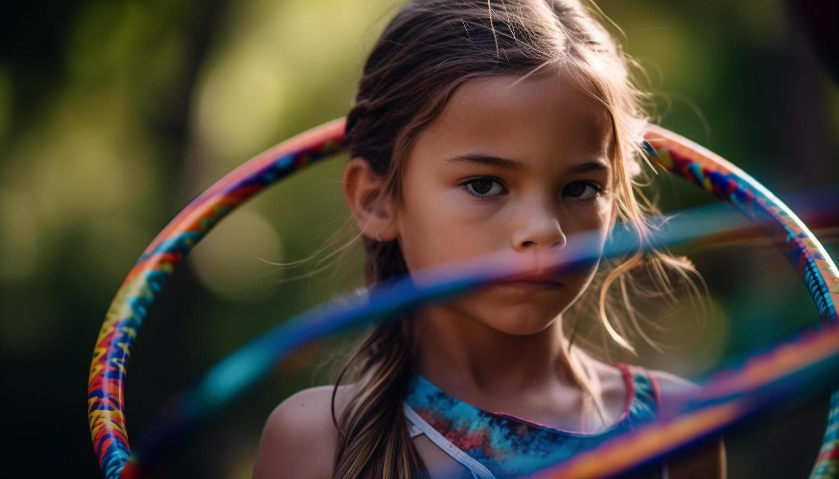 schattig meisje spelen tennis buitenshuis, glimlachen met zorgeloos geluk gegenereerd door ai foto