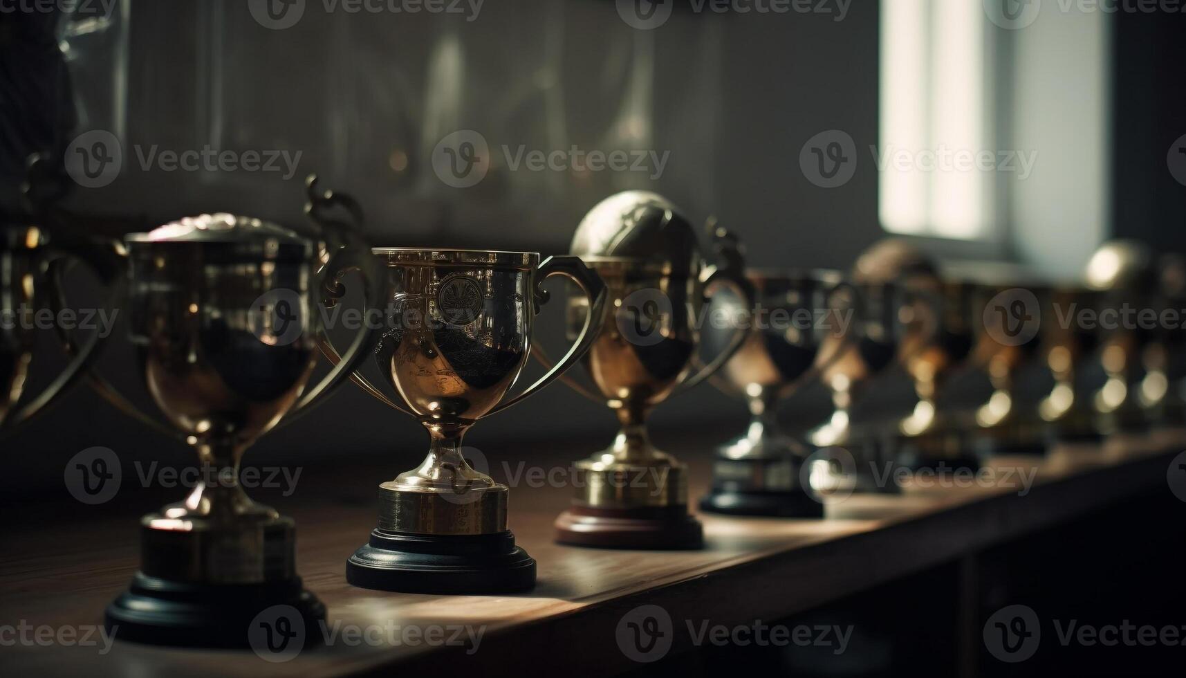 eerste plaats trofee schijnt Aan houten tafel Bij sport- ceremonie gegenereerd door ai foto