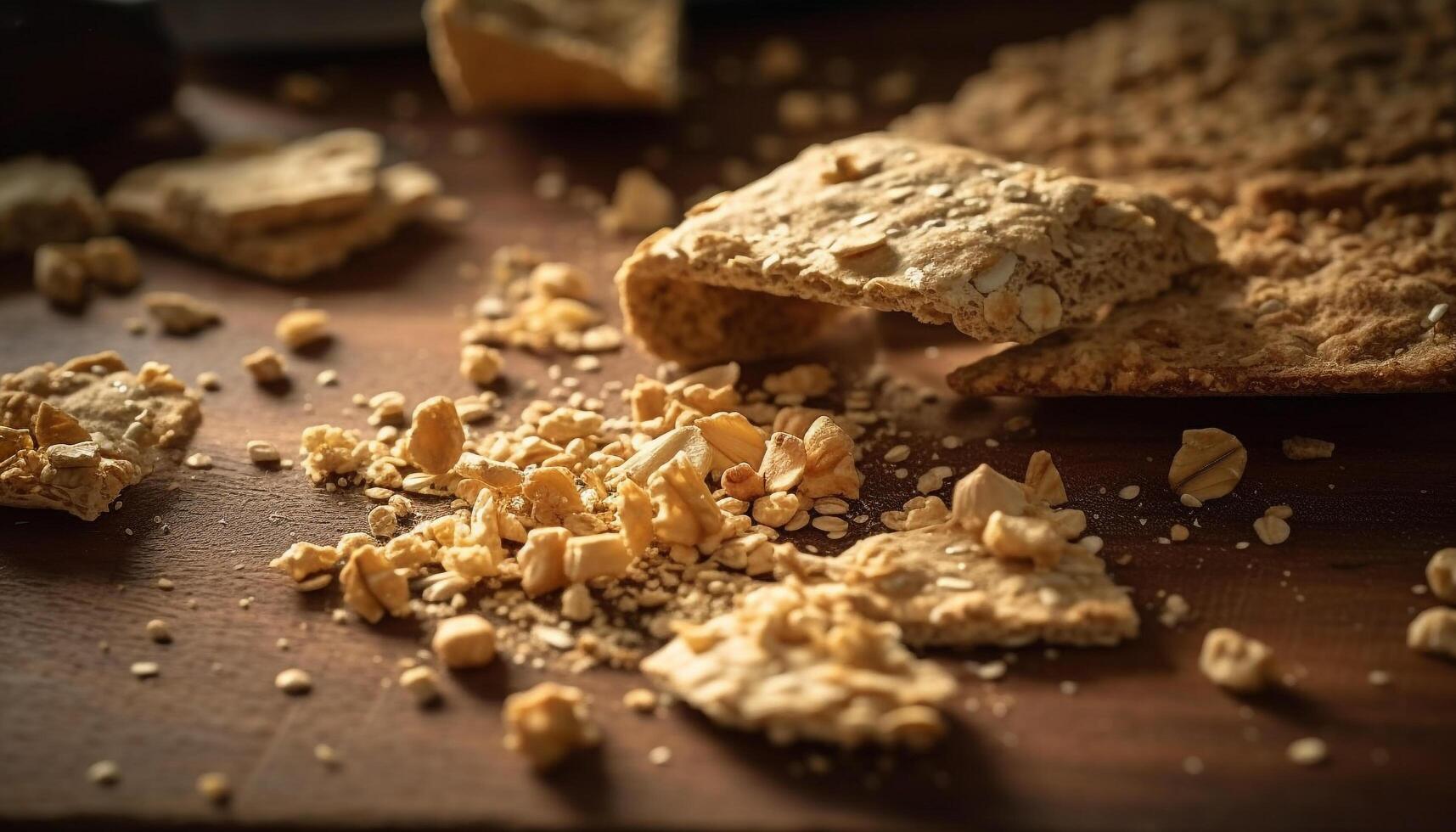 eigengemaakt chocola havermout koekje stack Aan rustiek houten tafel gegenereerd door ai foto