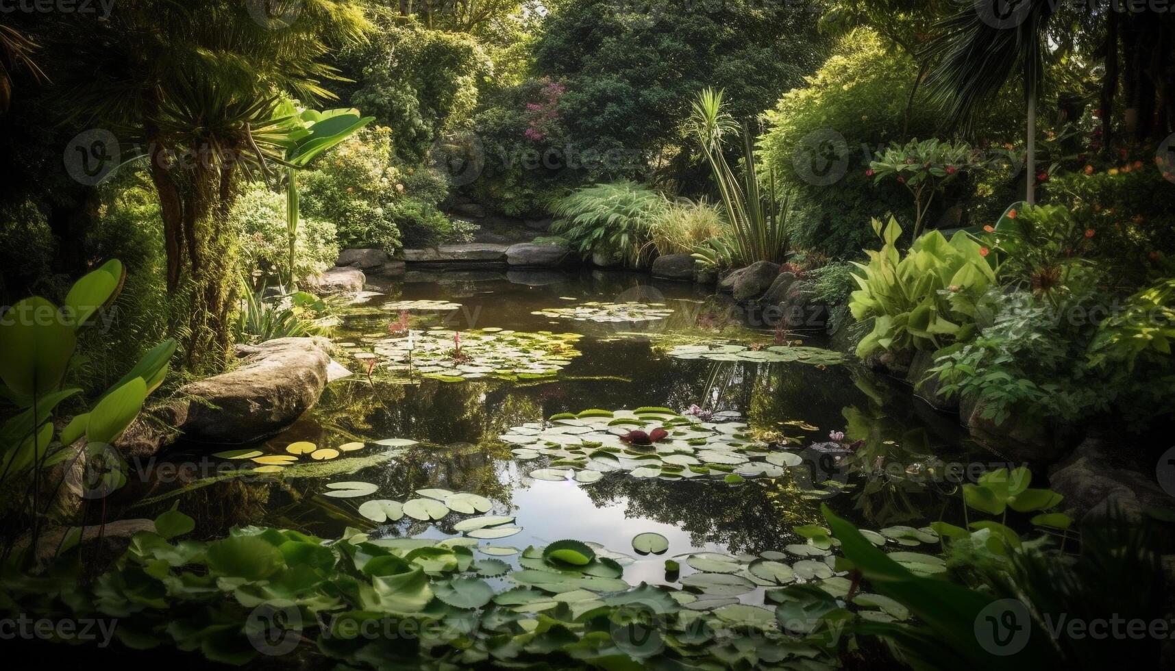 rustig tafereel van groen Woud, vijver, en vloeiende water gegenereerd door ai foto