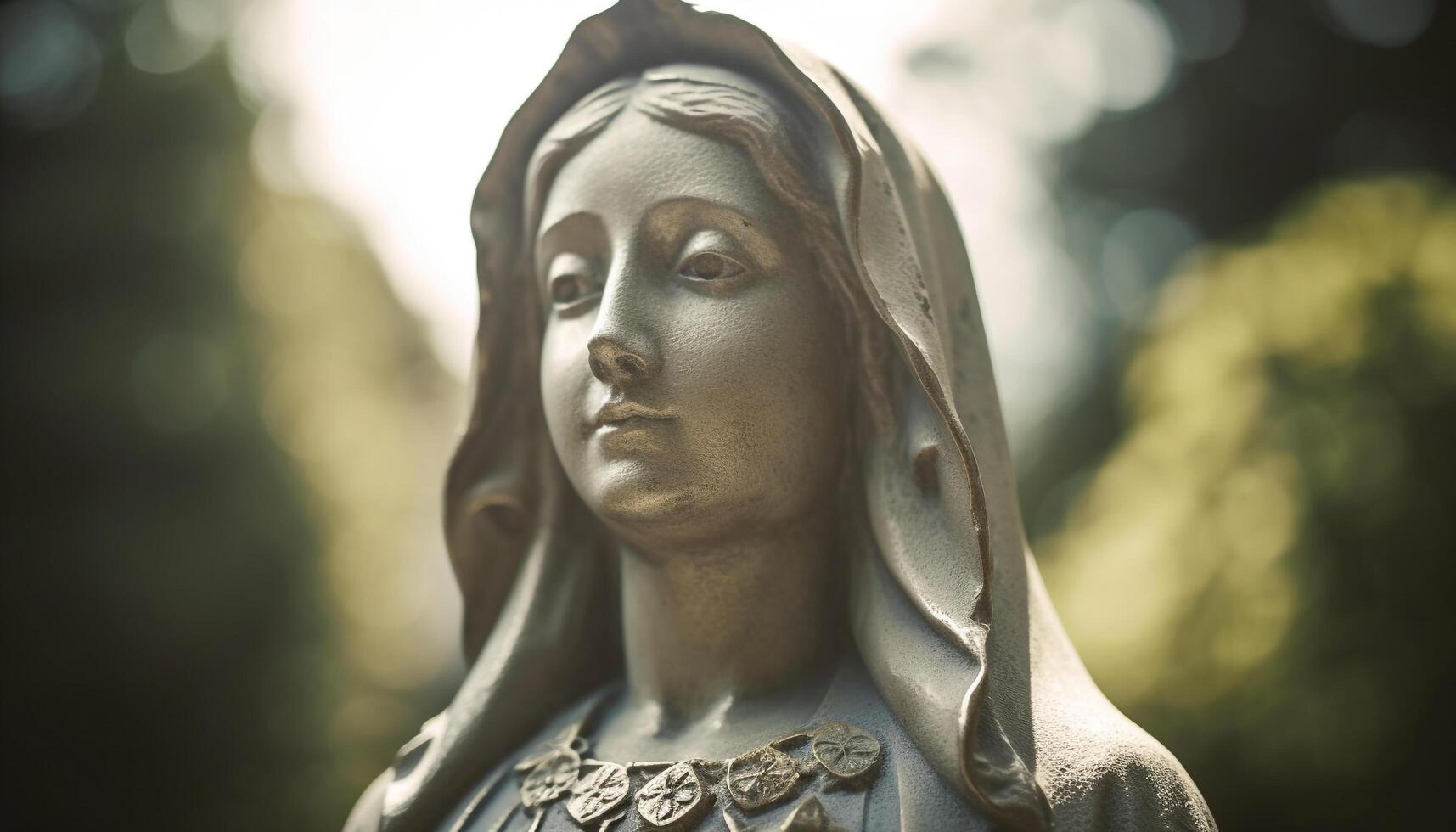 bidden vrouw mediteert Bij oud gotisch stijl standbeeld van Christendom gegenereerd door ai foto