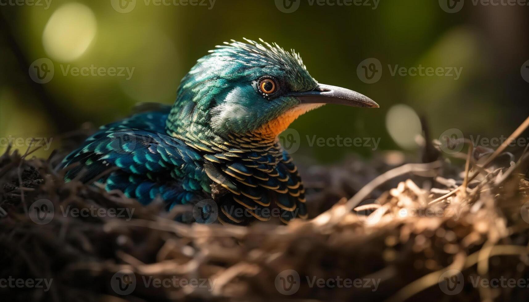 klein spreeuw neerstrijken Aan groen tak, veren multi gekleurde schoonheid gegenereerd door ai foto