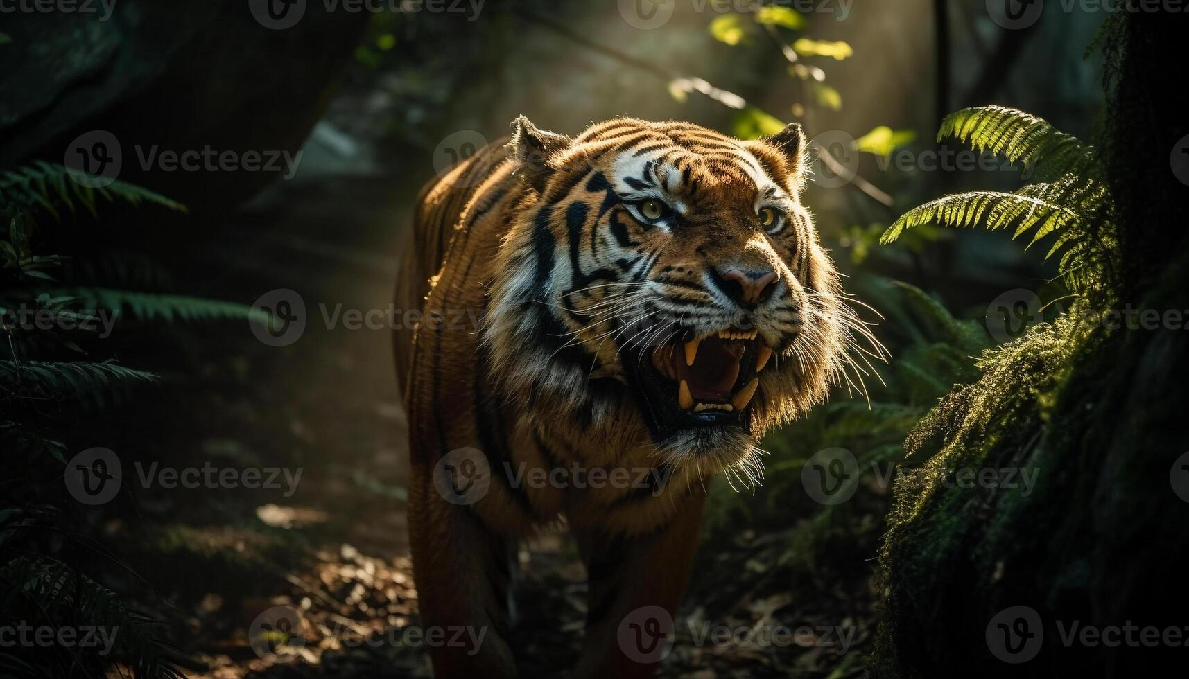 Bengalen tijger staren fel, wandelen door weelderig tropisch regenwoud gegenereerd door ai foto