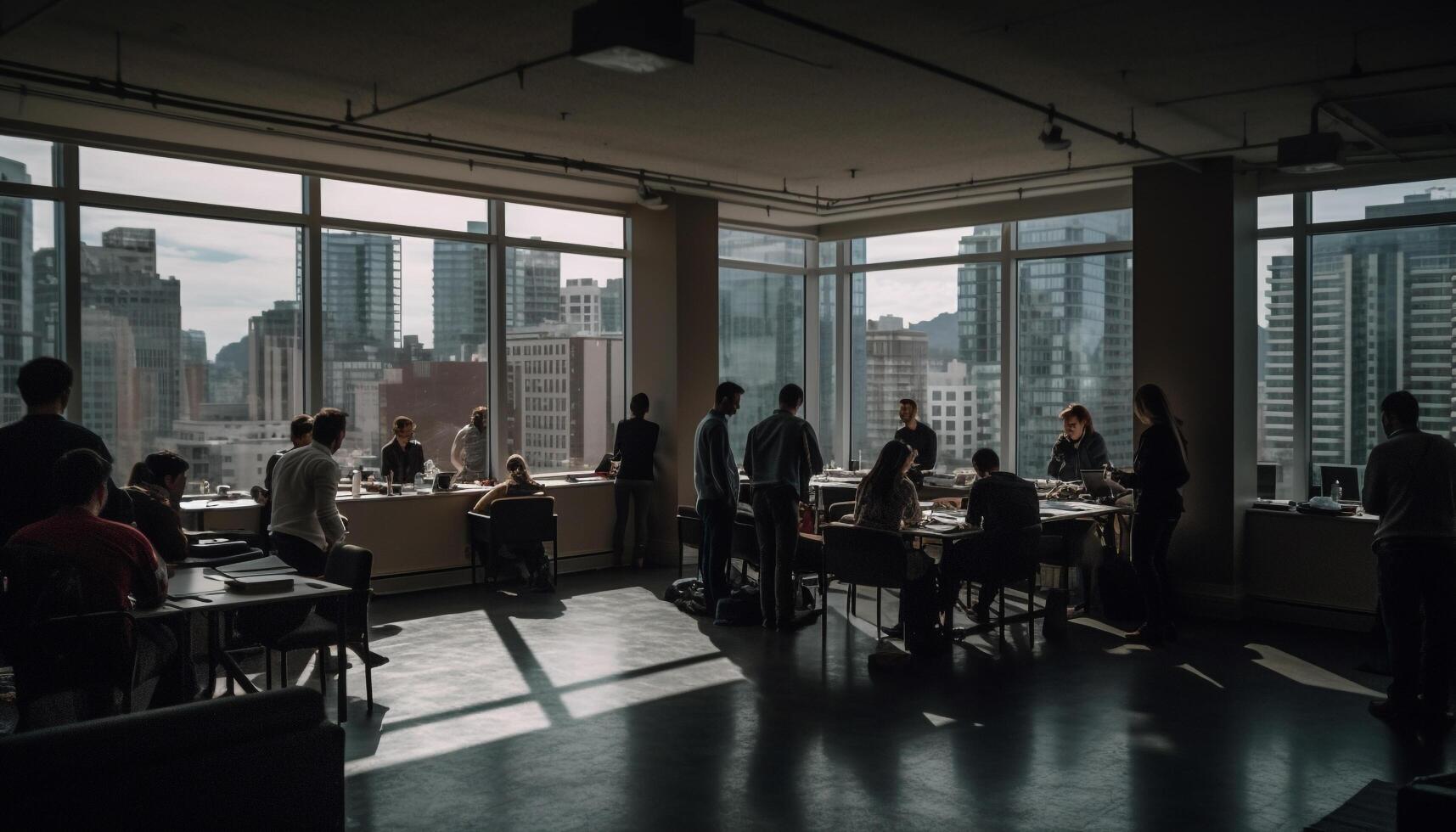 bedrijf mensen bespreken strategie in modern kantoor met stad visie gegenereerd door ai foto