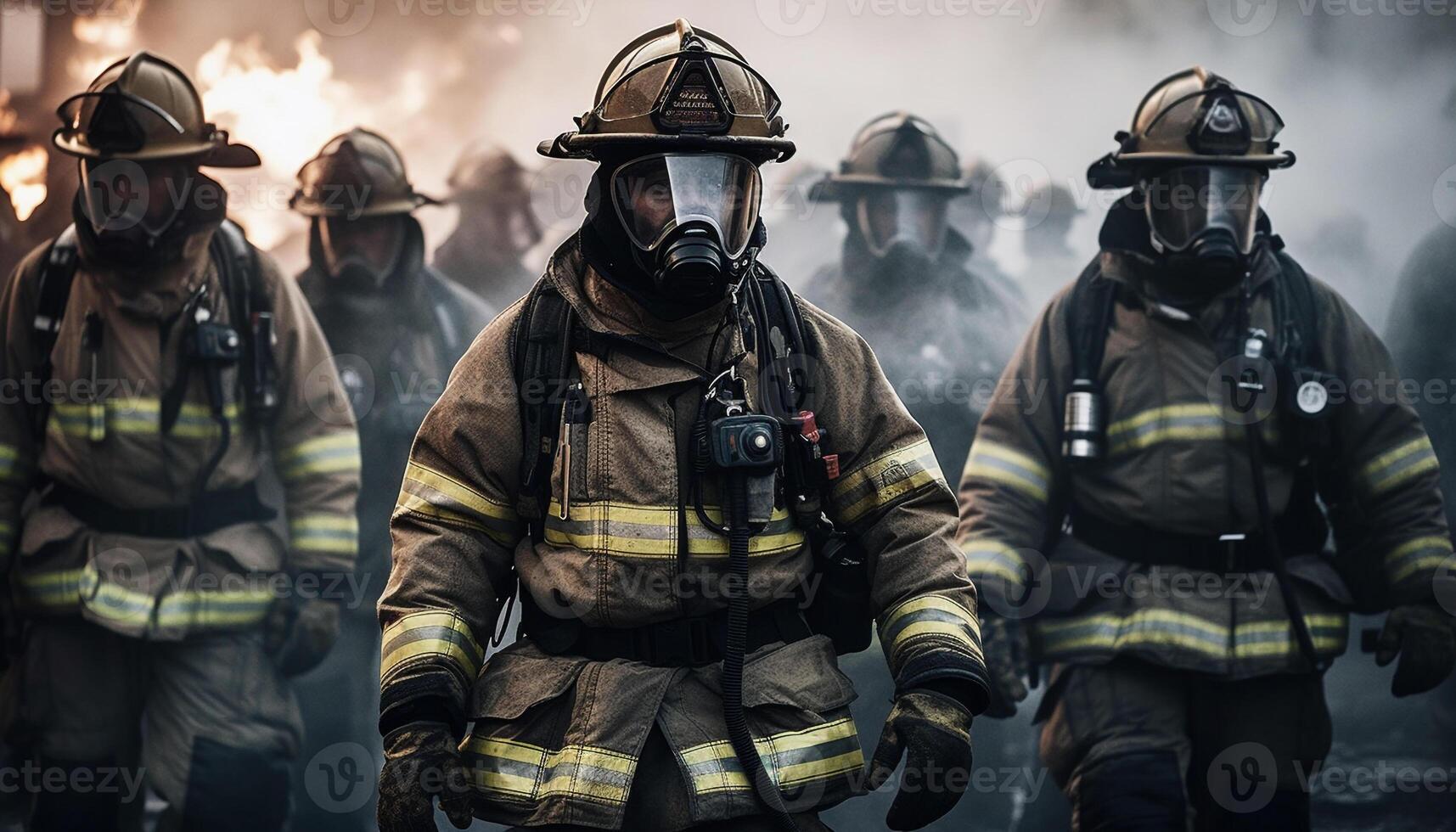 heroes in beschermend werkkleding staand buitenshuis, klaar voor brand redden gegenereerd door ai foto