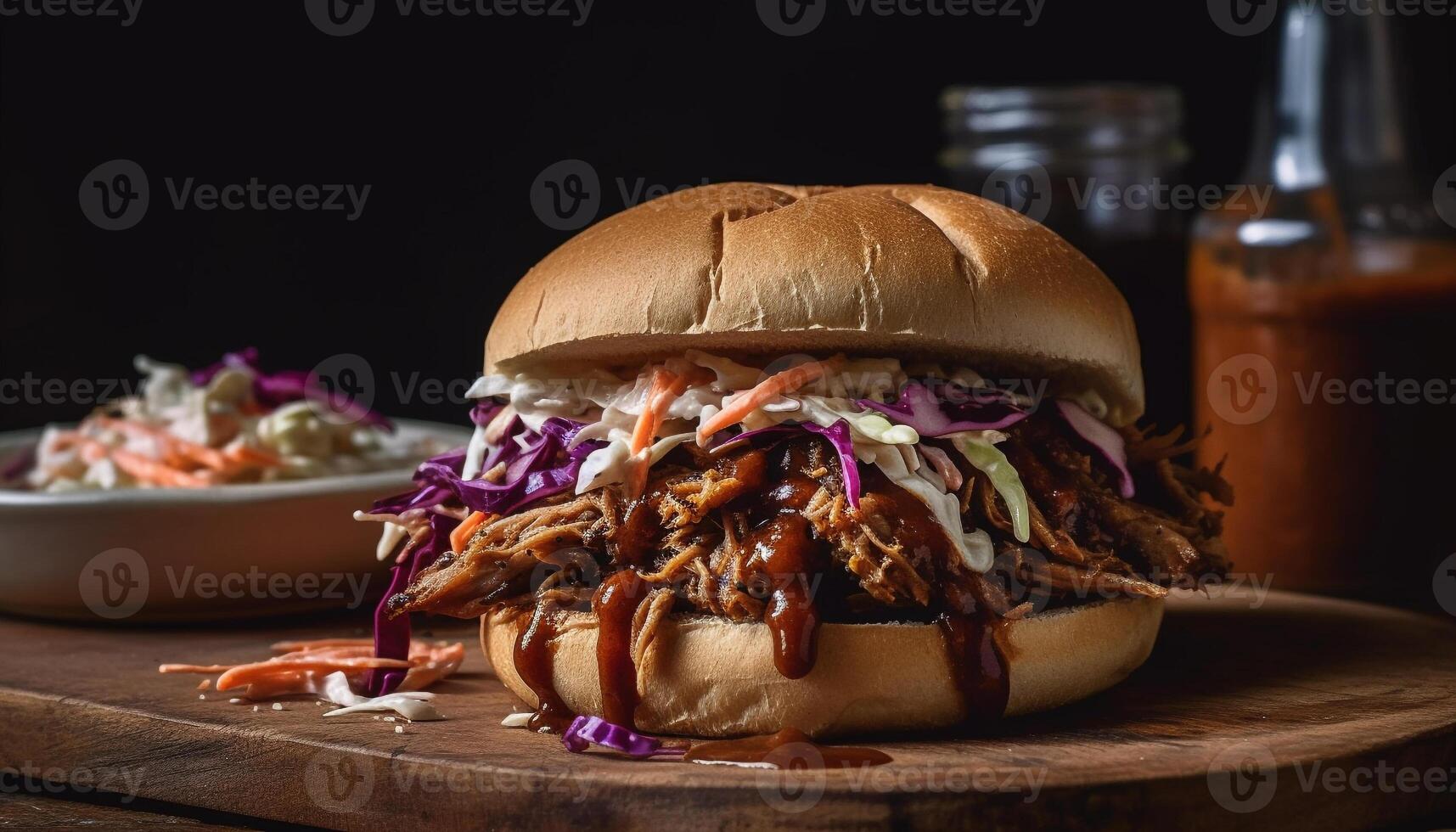 gegrild getrokken varkensvlees belegd broodje met koolsalade, augurken, en barbecue saus gegenereerd door ai foto