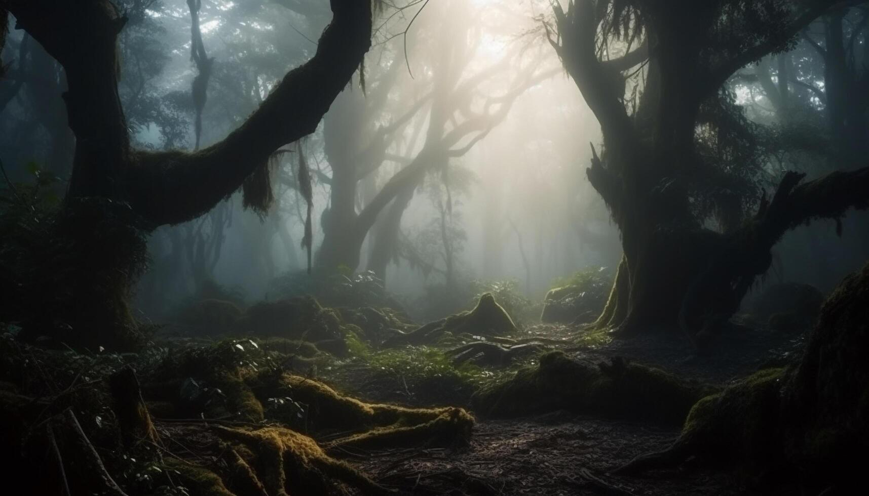 spookachtig mist lijkwaden mysterie van donker herfst Woud landschap gegenereerd door ai foto