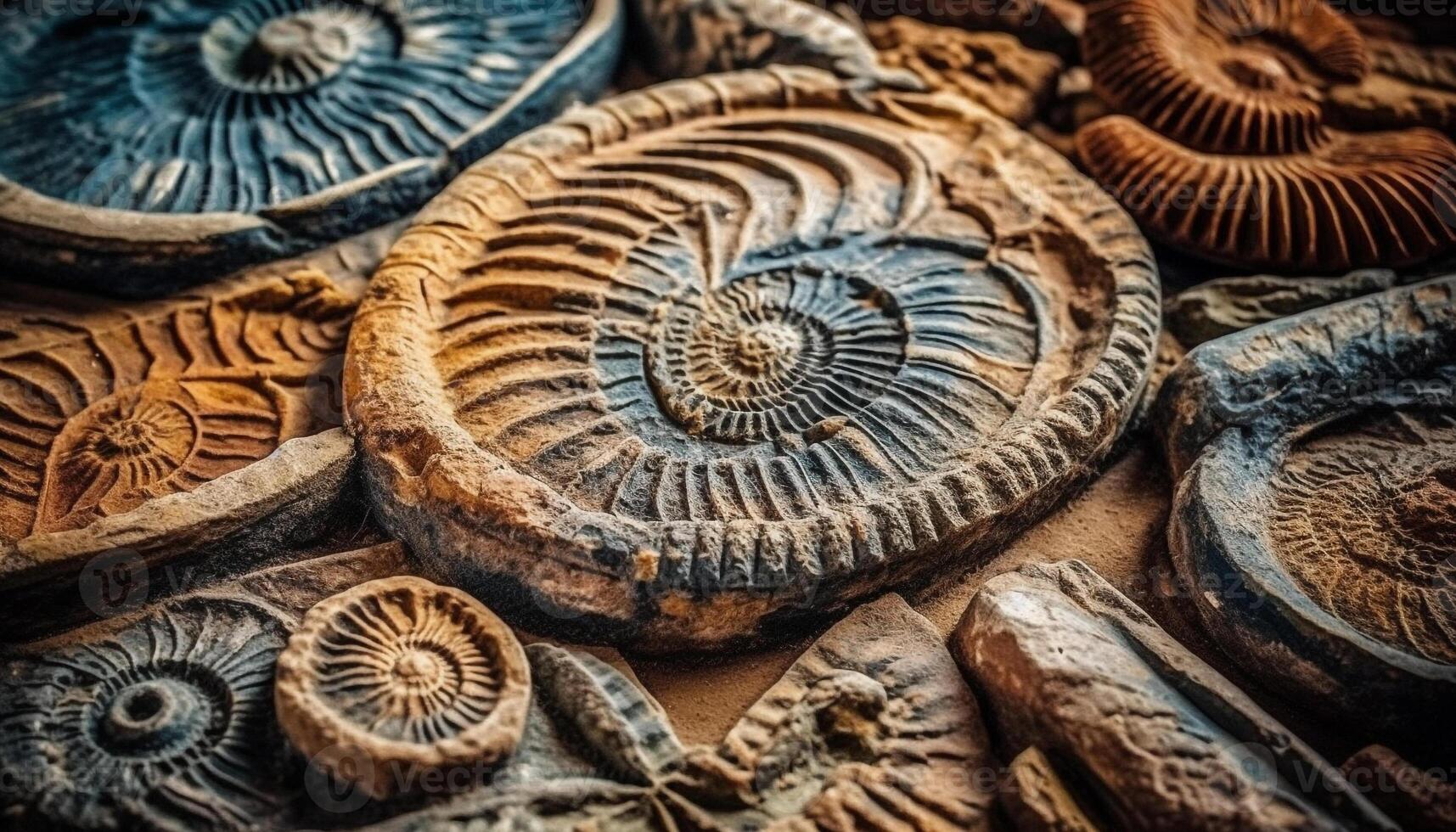 oude dier schelp verzameling fossielen, weekdieren, en nautilussen in overvloed gegenereerd door ai foto