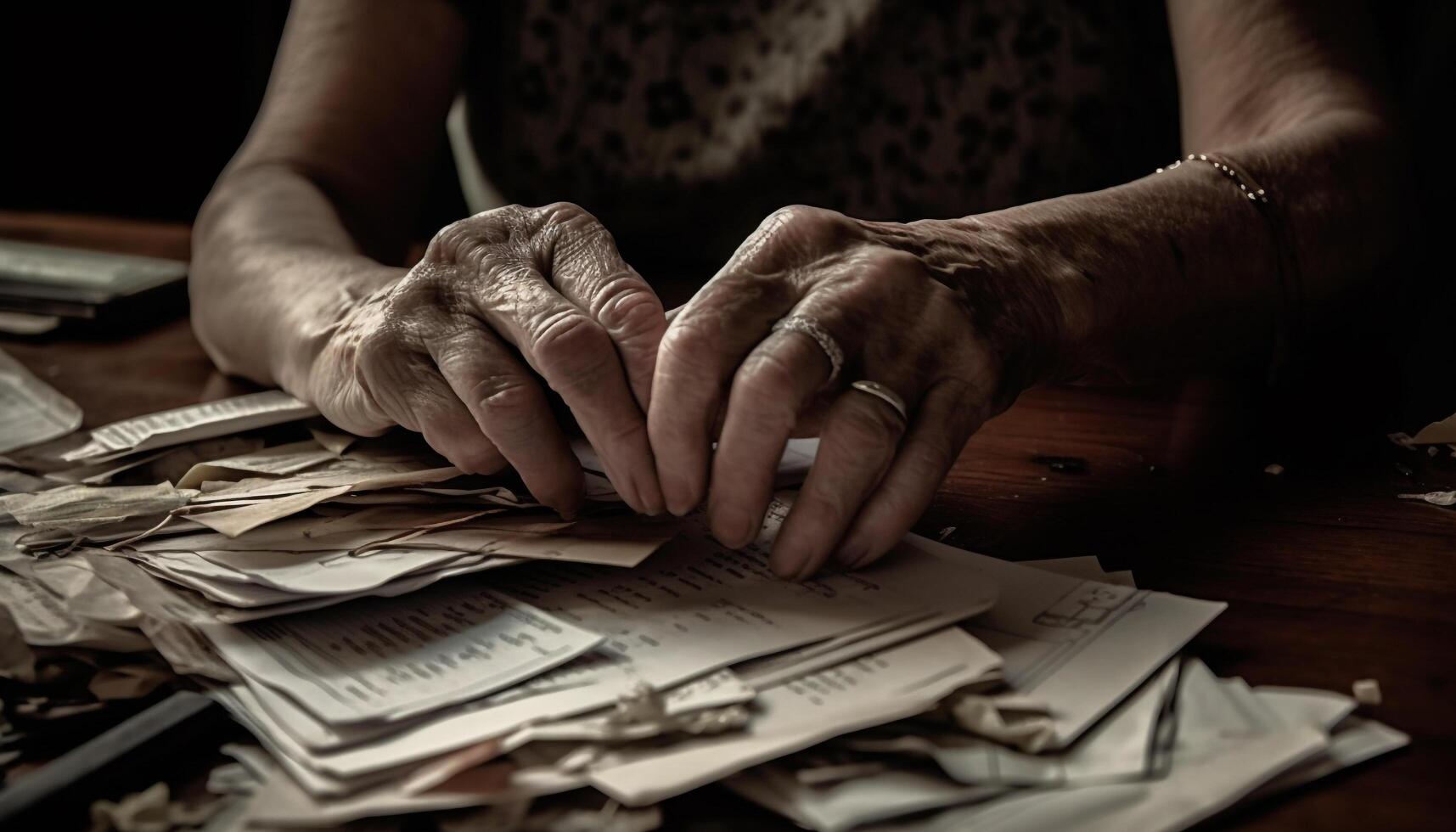 Kaukasisch senior volwassen werken binnenshuis, Holding papier valuta Aan tafel gegenereerd door ai foto