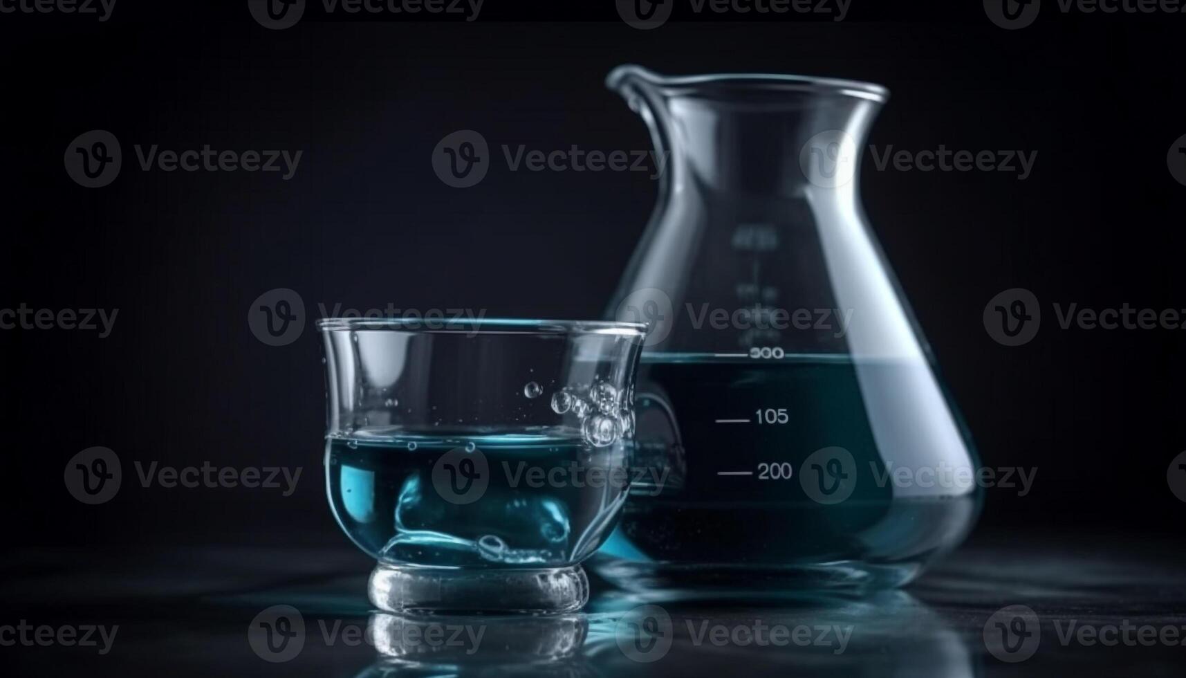 transparant beker weerspiegelt blauw vloeistof, een wetenschappelijk experiment in vooruitgang gegenereerd door ai foto
