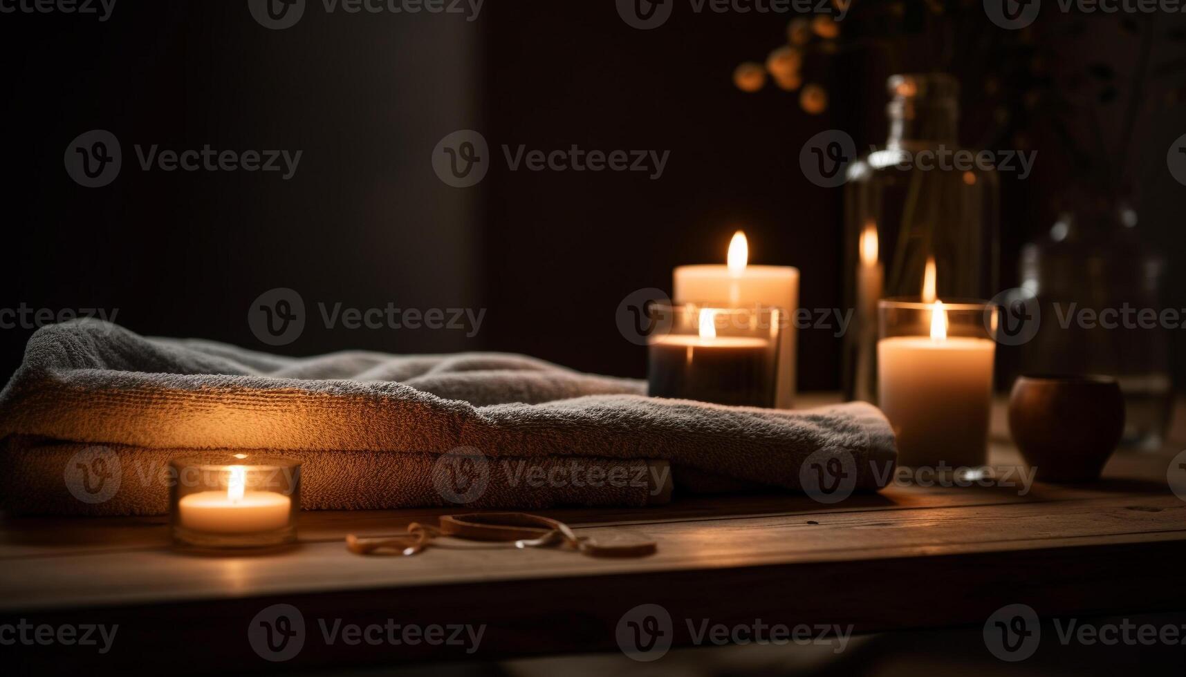 luxe spa behandeling brandend kaars, gloeiend vlam, rustig tafereel gegenereerd door ai foto