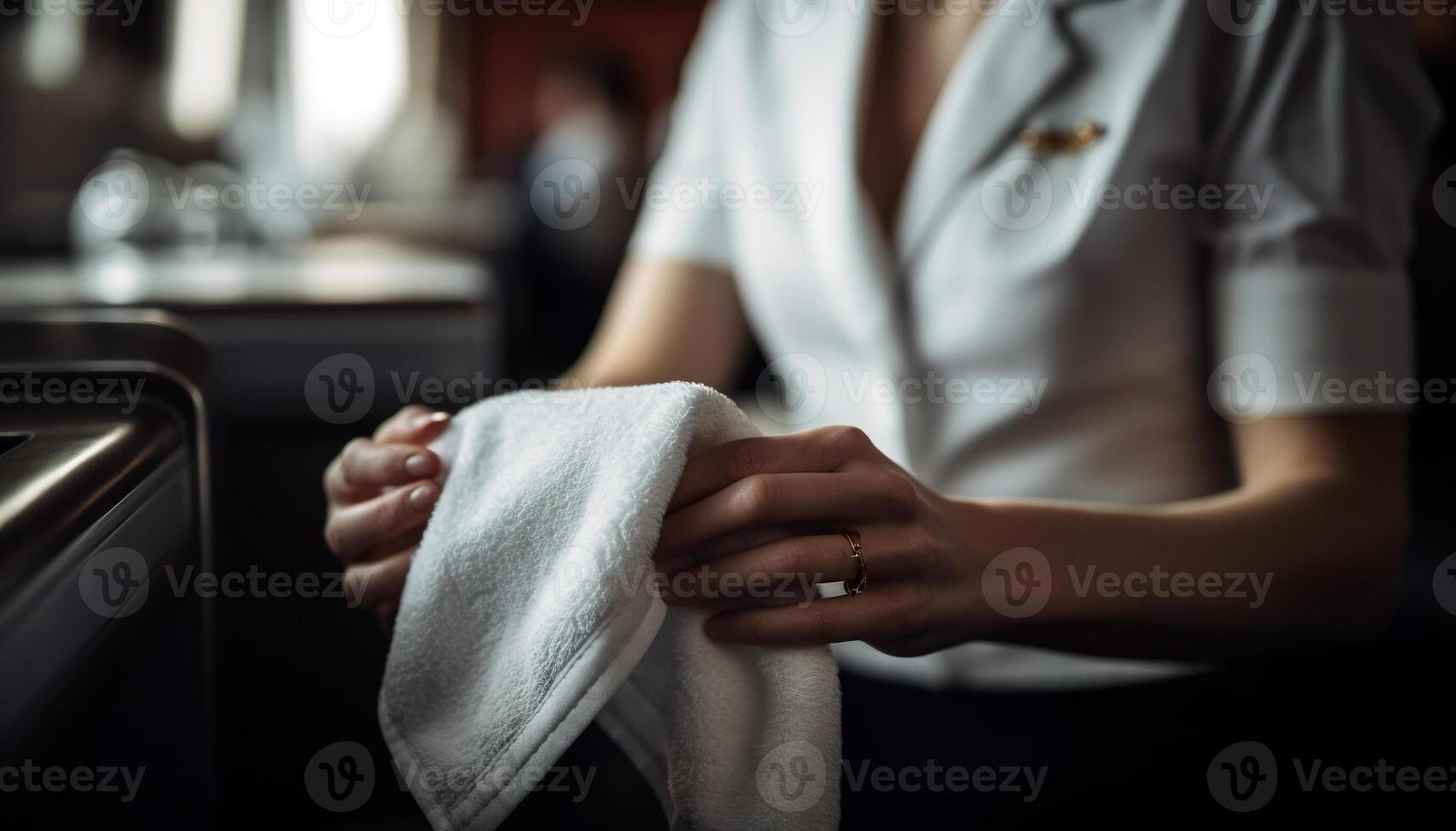 volwassen vrouw Holding handdoek, schoonmaak keuken voor gezond levensstijl gegenereerd door ai foto