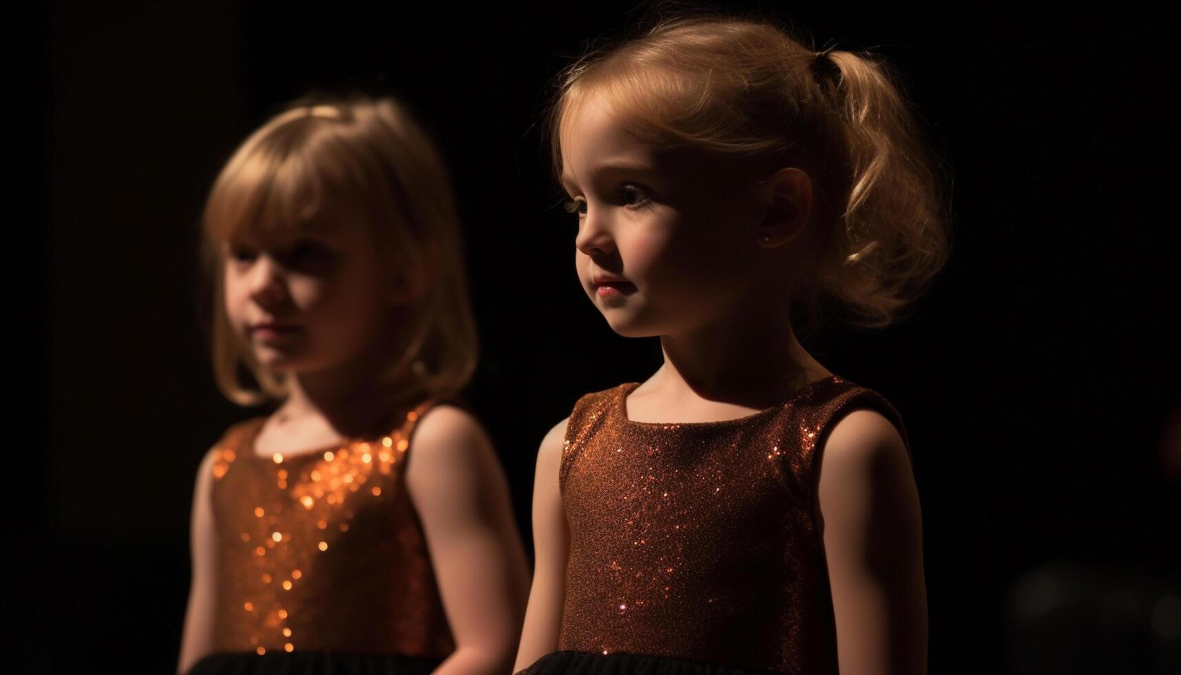 twee schattig meisjes, een blond, een met donker haar, glimlachen gegenereerd door ai foto