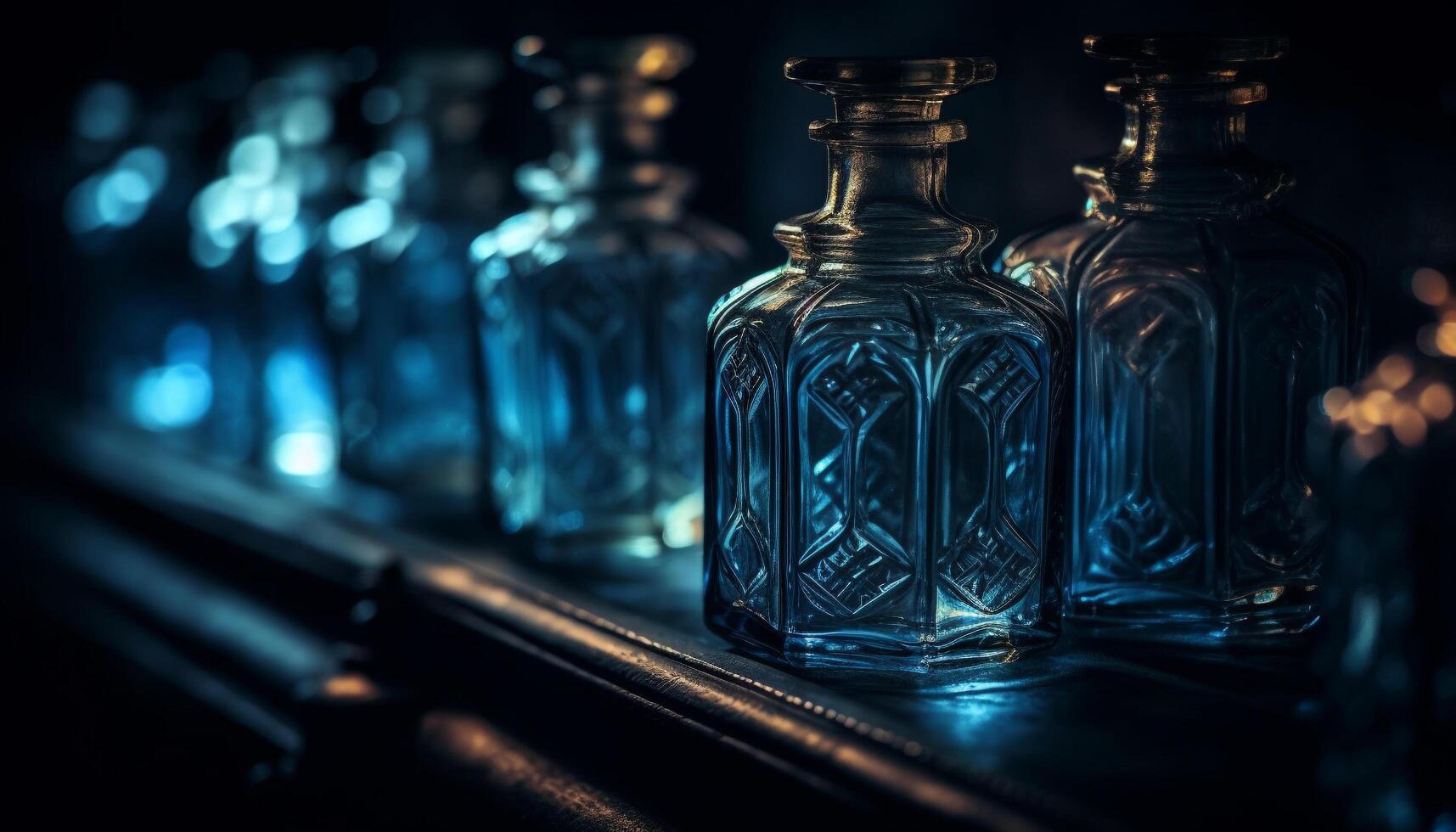 transparant glas fles met whisky, reflecterend bar blauw verlichting uitrusting gegenereerd door ai foto