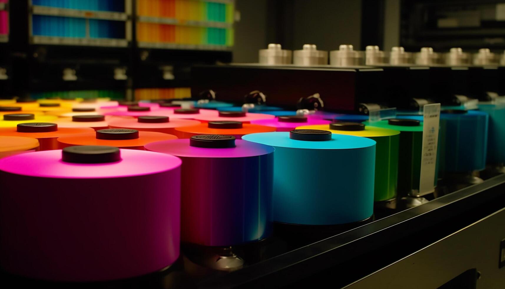 multi gekleurde machinerie in een modern fabriek produceert variatie in productie lijn gegenereerd door ai foto