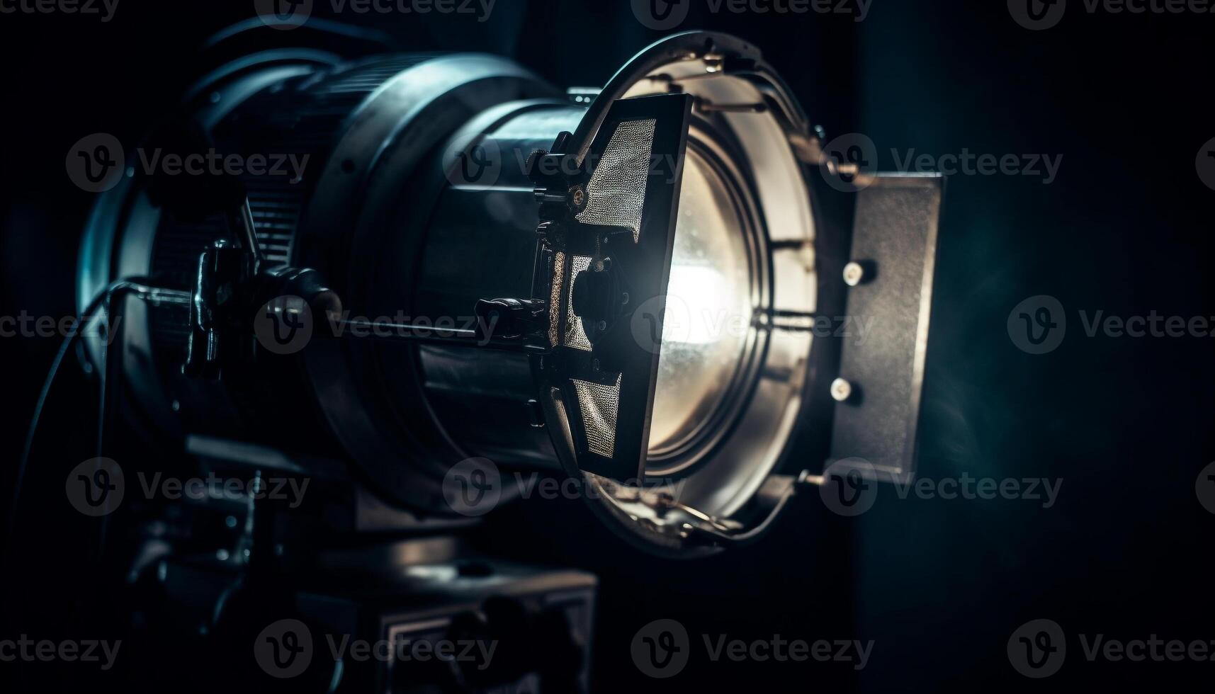 glimmend staal machinerie draaien in donker fabriek, verlichte door spotlight gegenereerd door ai foto