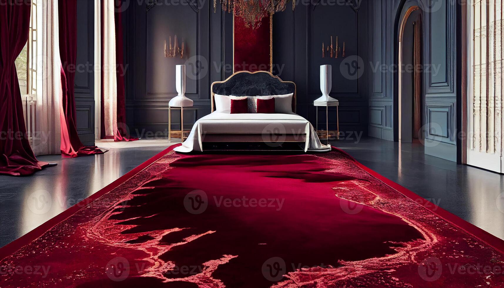 binnen- luxe met elegant bed en modern decor ,generatief ai foto
