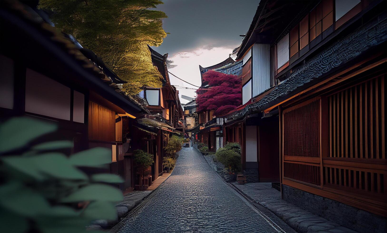 oude architectuur en Japans lantaarns gloeiend, buitenshuis ,generatief ai foto