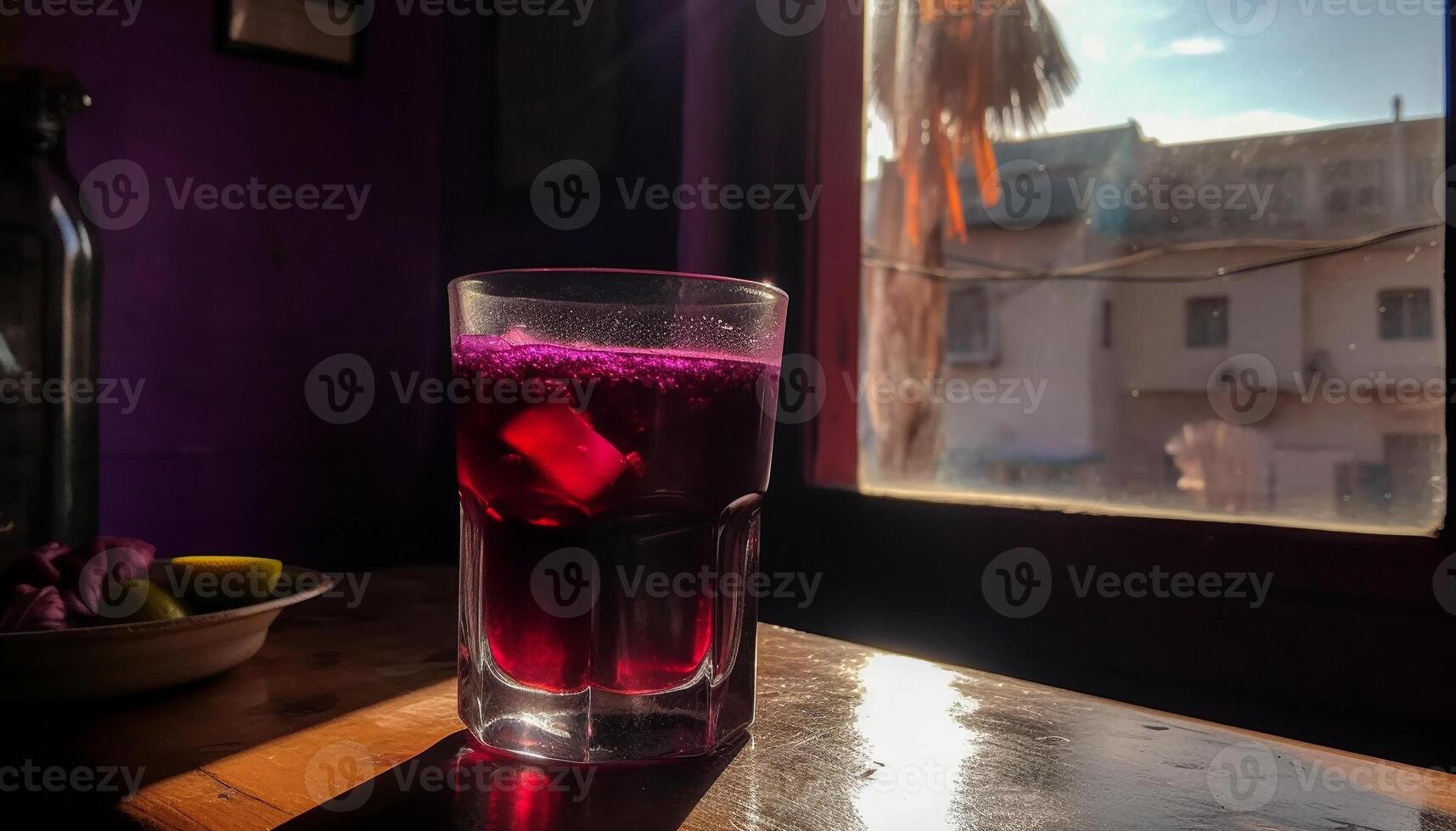 verfrissend cocktail Aan houten tafel met ijs en fruit garneer generatief ai foto