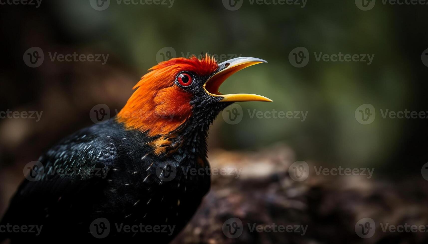 mannetje vogel neerstrijken Aan tak, dichtbij omhoog van kleurrijk veren gegenereerd door ai foto