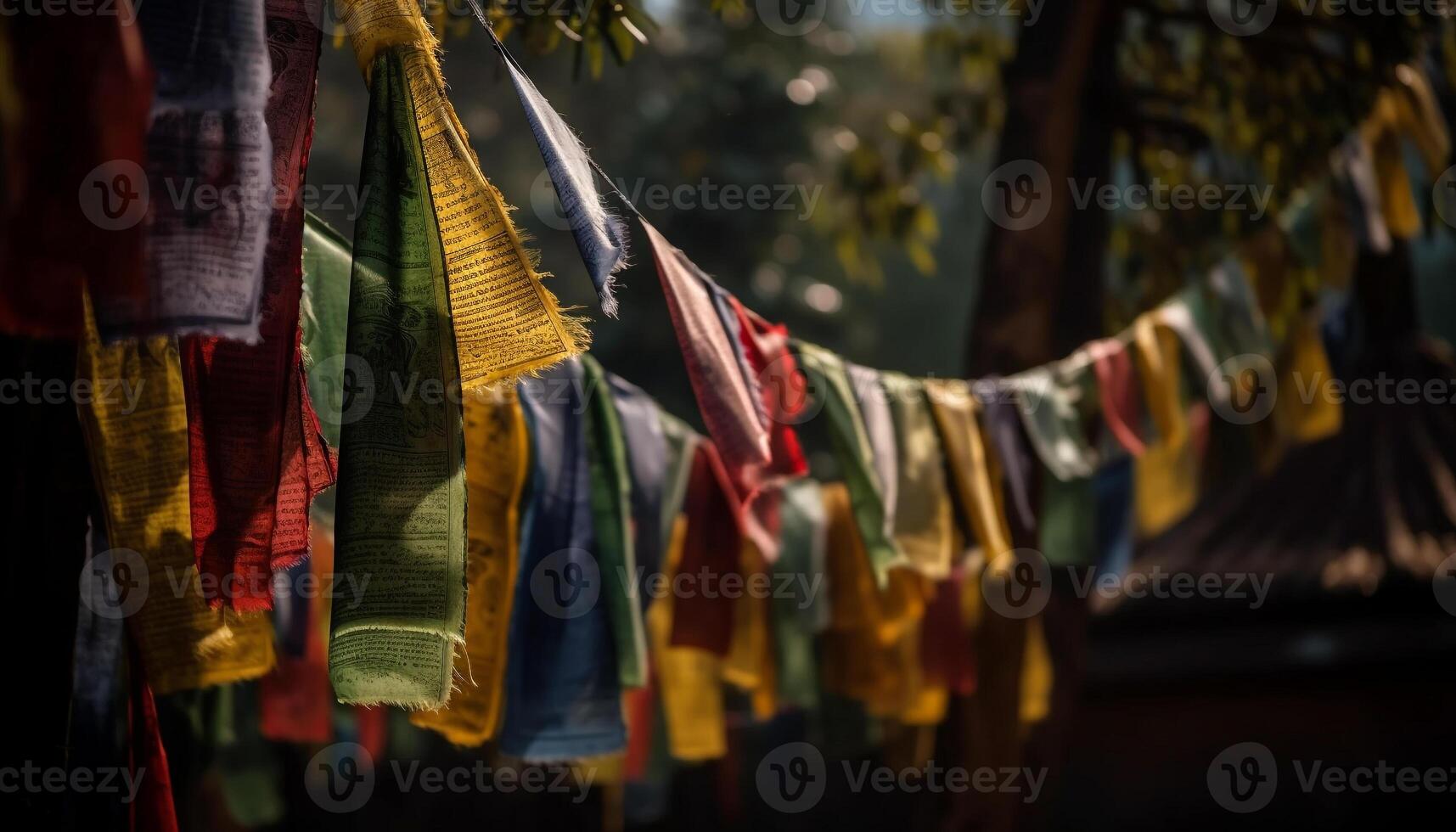 inheems culturen vieren geestelijkheid met multi gekleurde textiel decoraties buitenshuis gegenereerd door ai foto