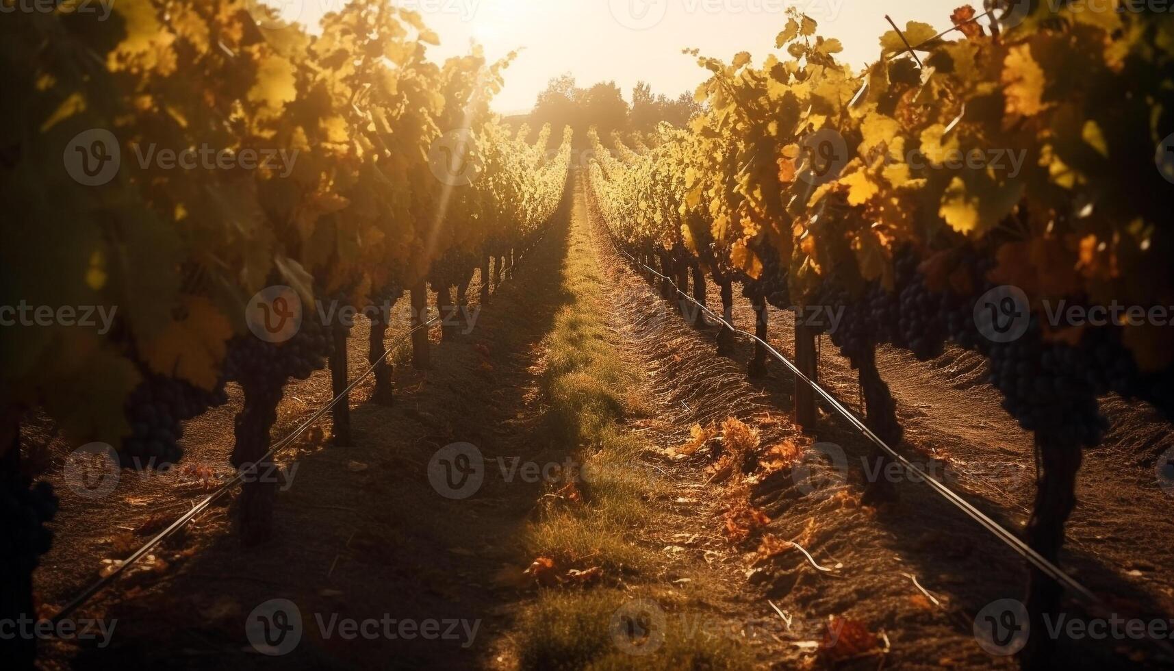 zonovergoten wijngaard in herfst, rijp druiven geoogst gegenereerd door ai foto