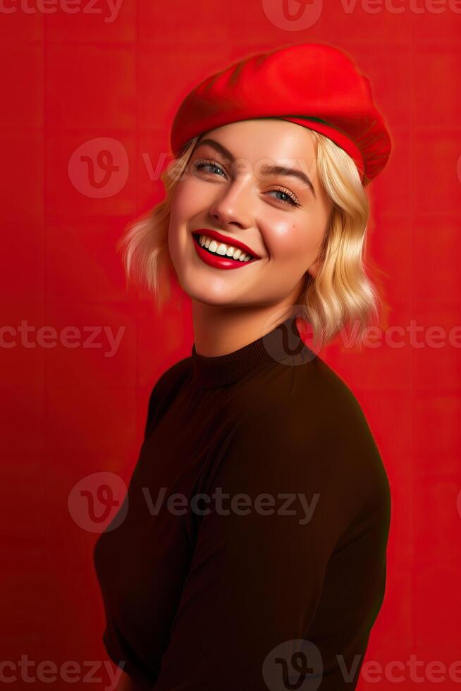 portret een mooi vrouw vervelend rood baret ai generatief foto