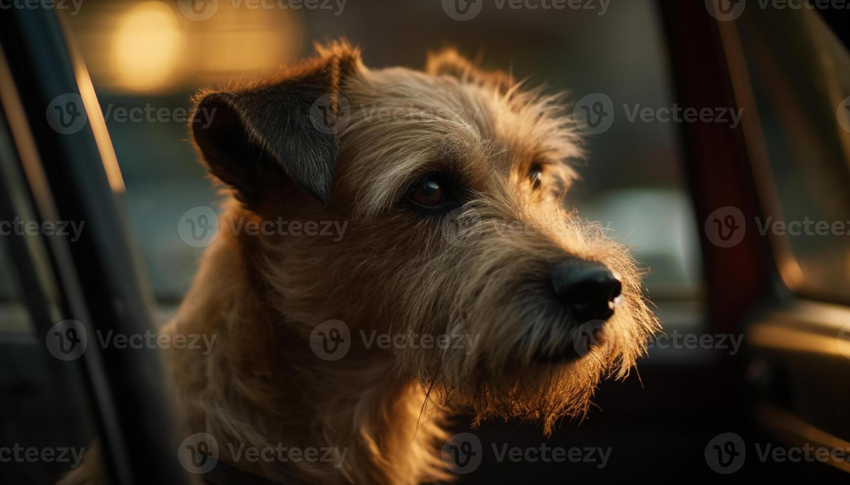 schattig puppy op zoek uit auto venster, zomer reis gegenereerd door ai foto